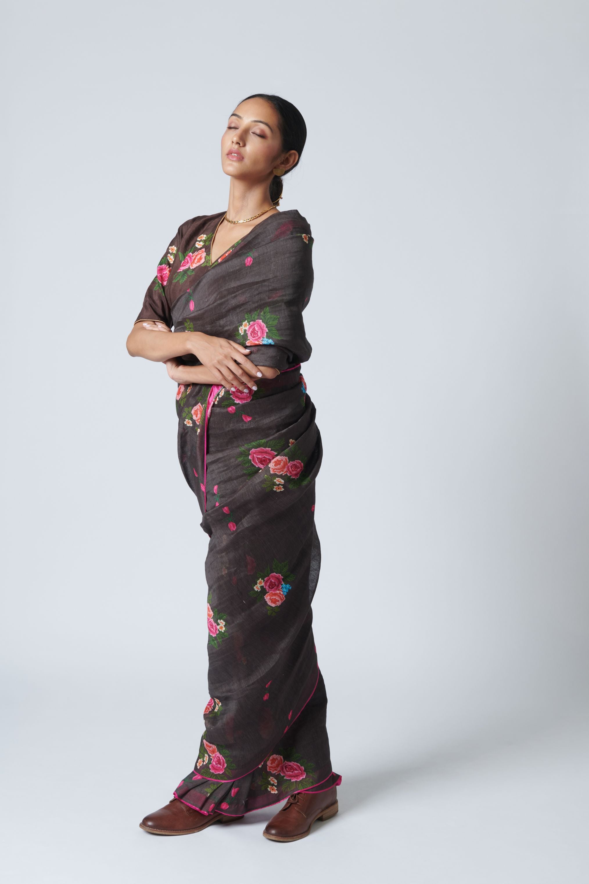 Rose Chintz Silk Linen Sari