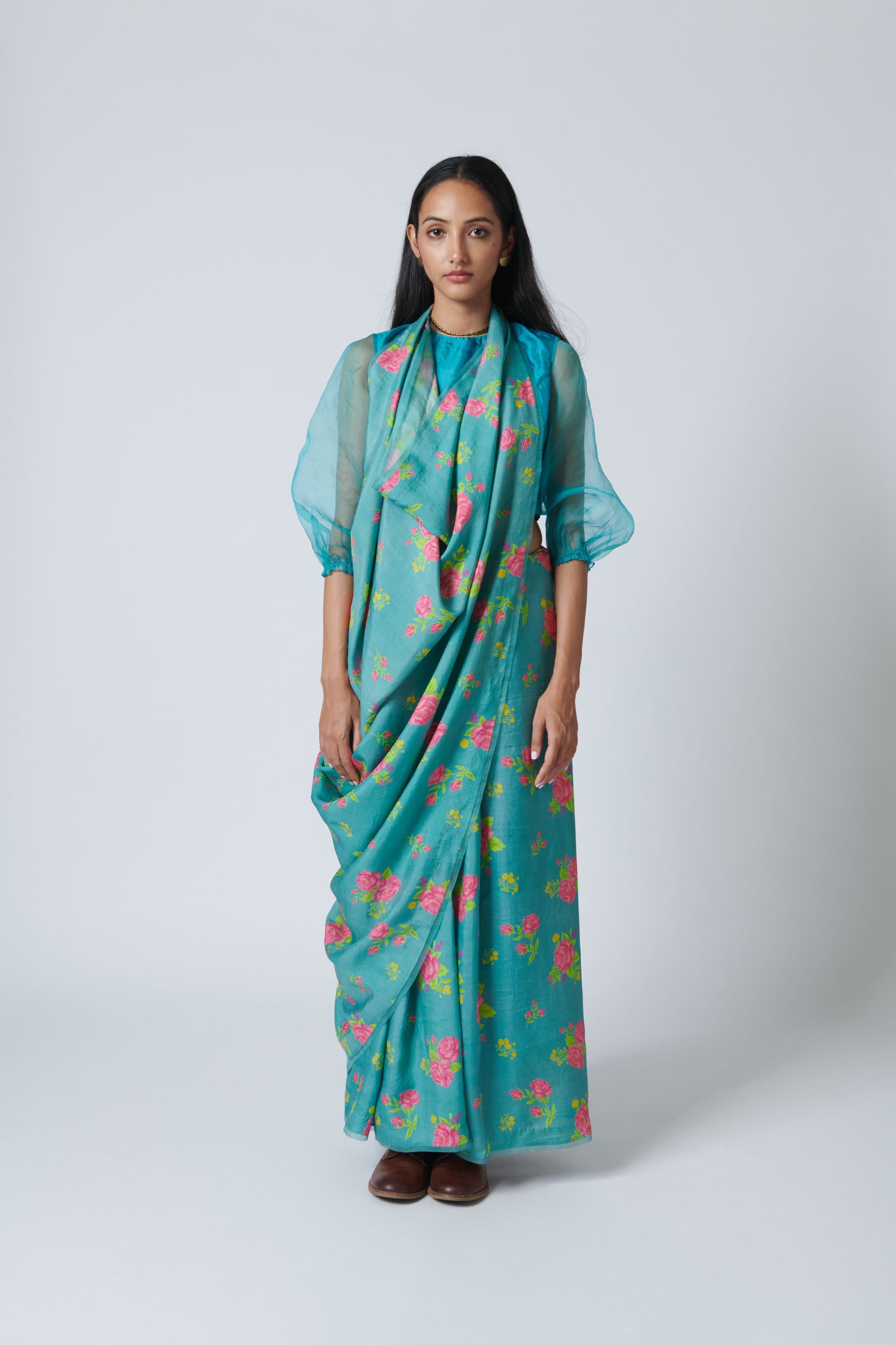 Turquoise Roses Mulberry Silk Sari