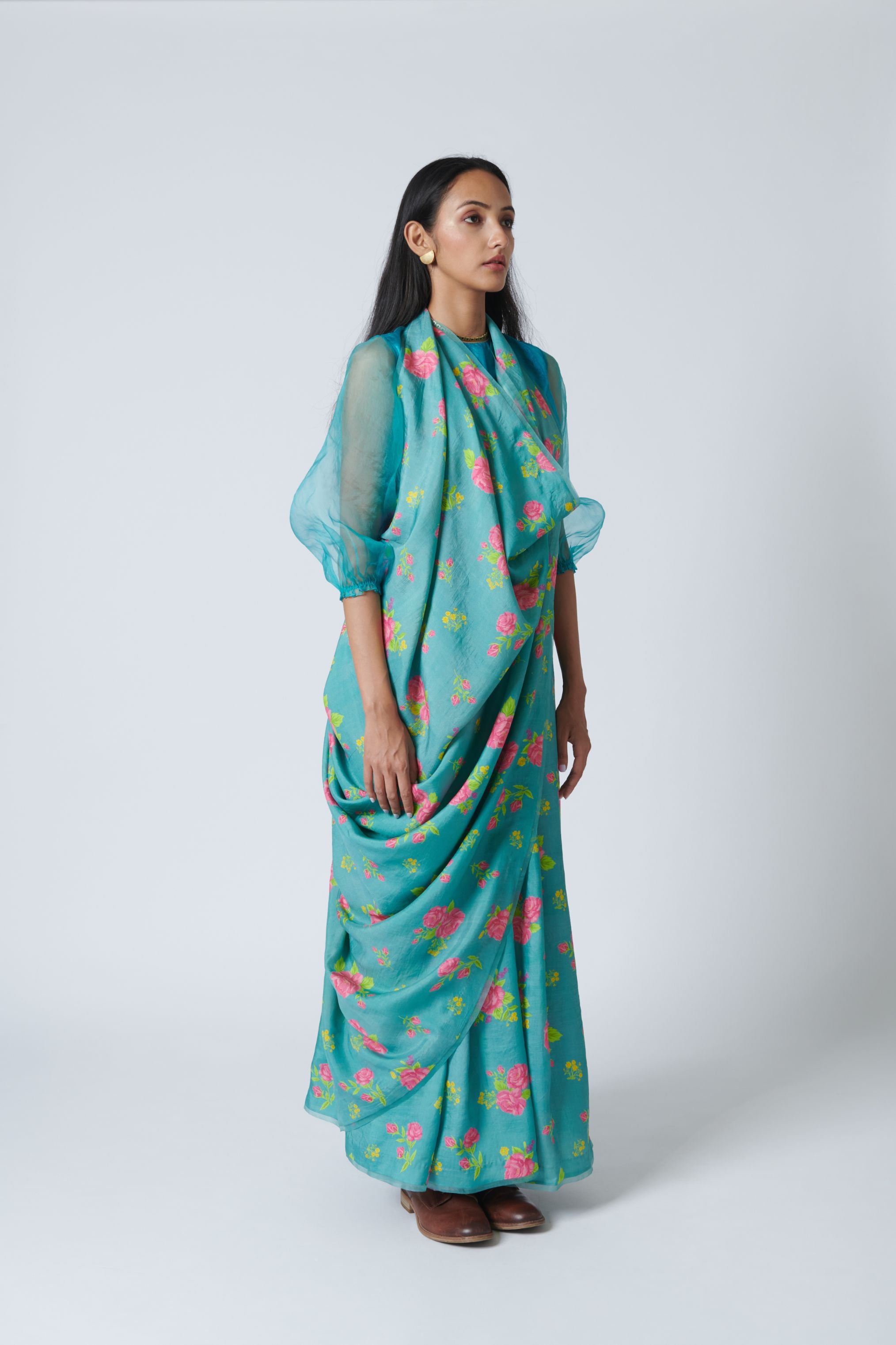Turquoise Roses Mulberry Silk Sari