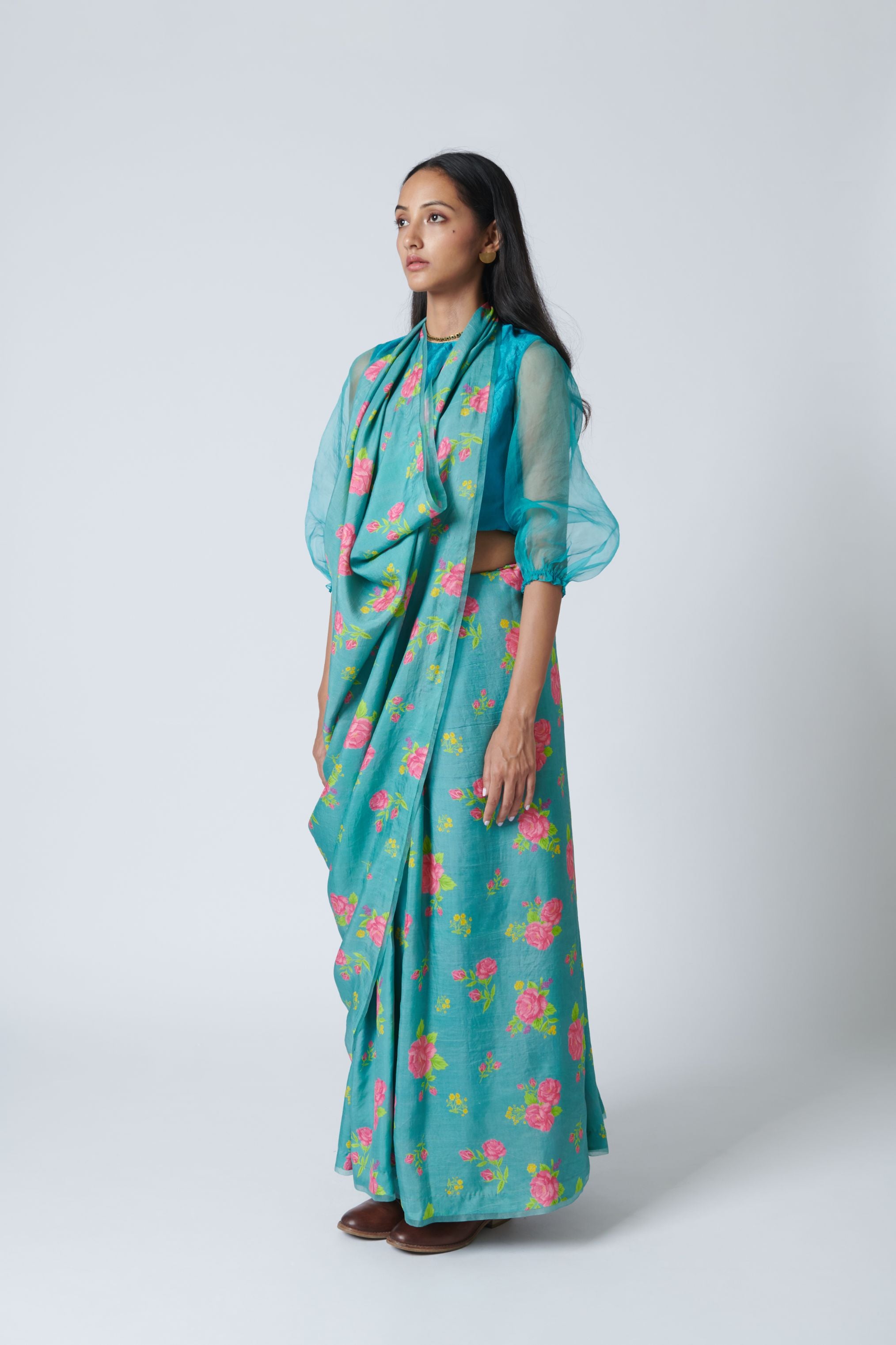 Turquoise Roses Mulberry Silk Sari