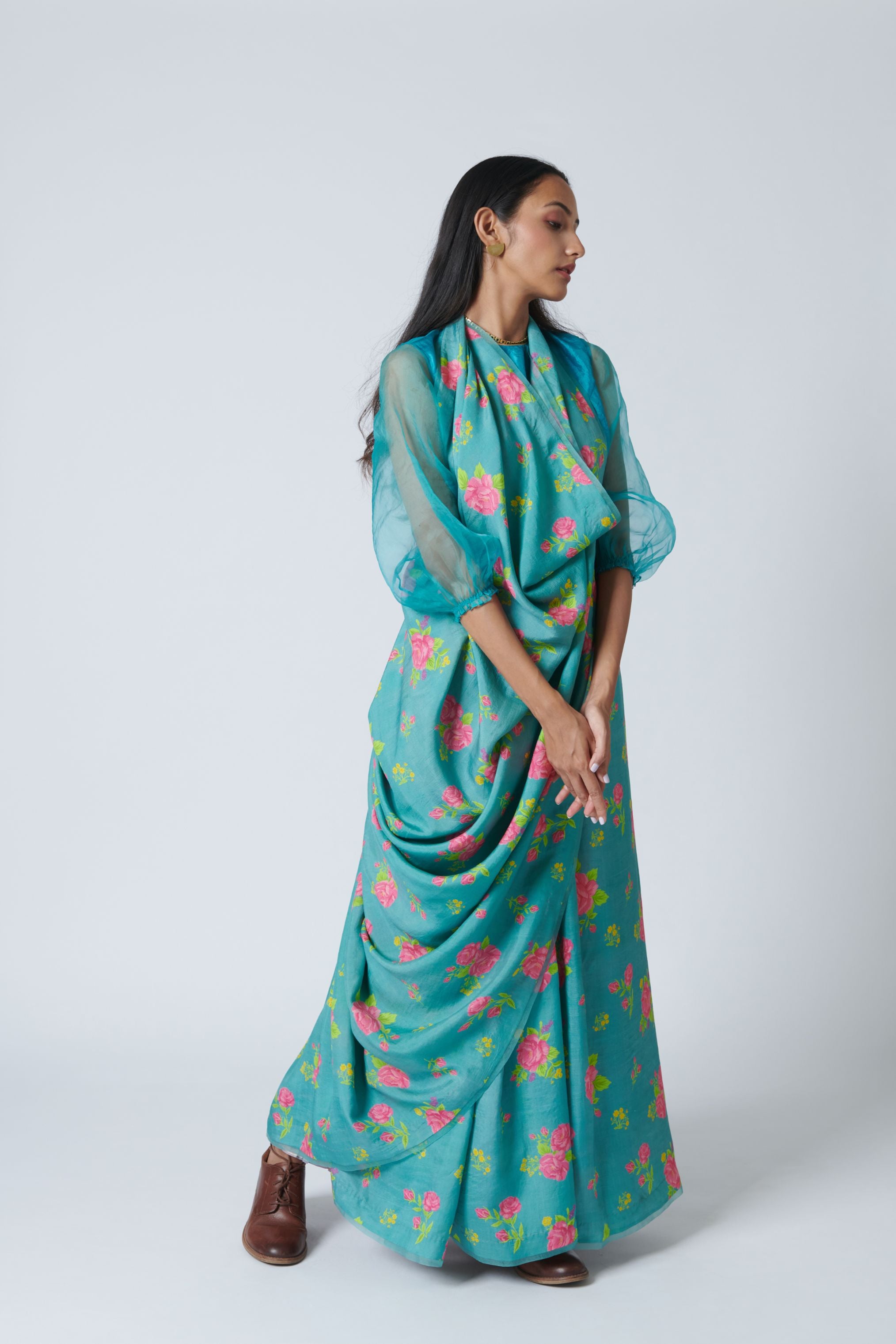 Turquoise Roses Mulberry Silk Sari