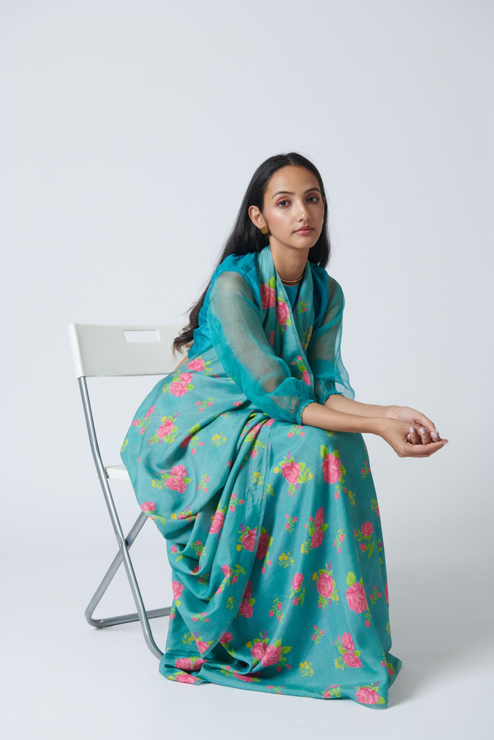 Turquoise Roses Mulberry Silk Sari