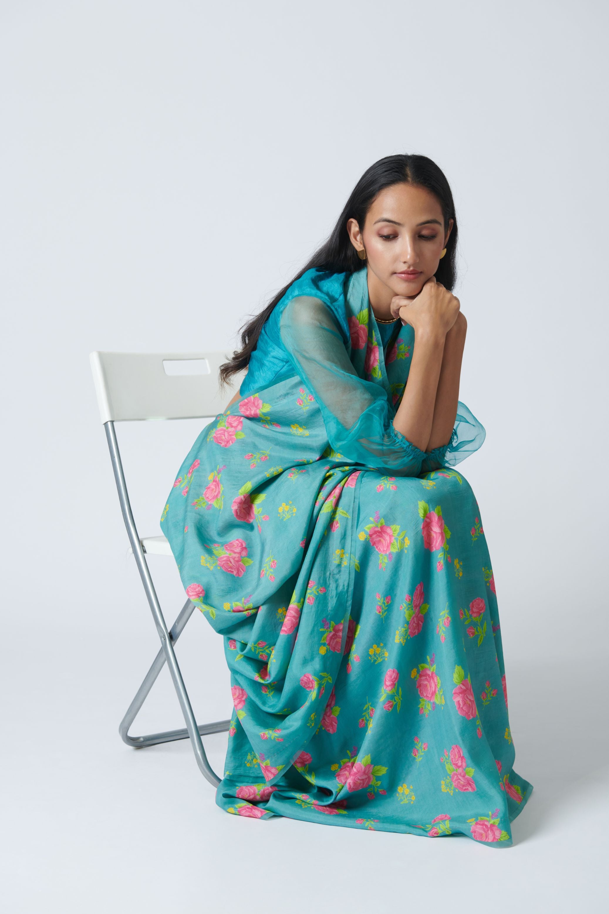 Turquoise Roses Mulberry Silk Sari