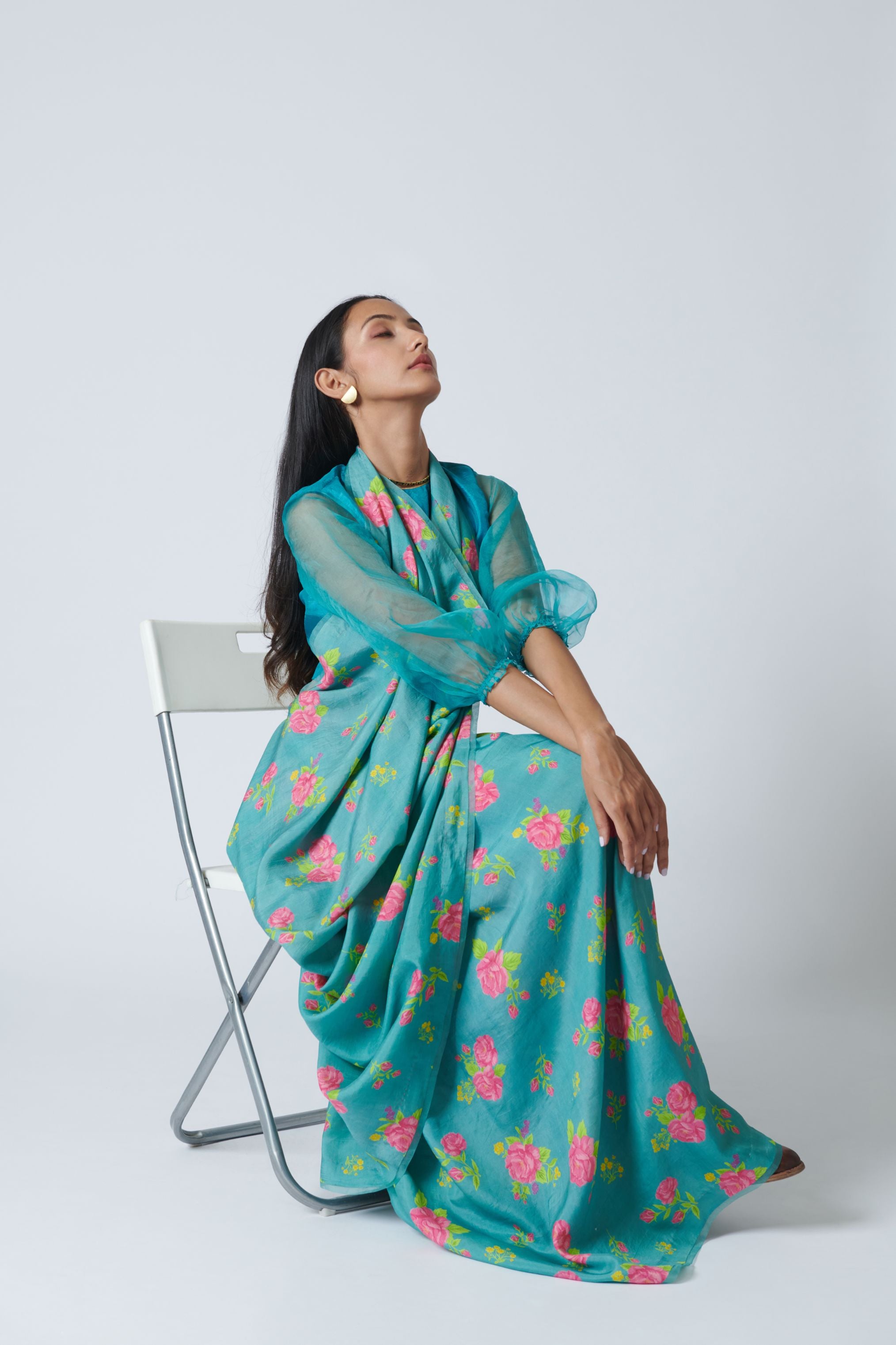 Turquoise Roses Mulberry Silk Sari