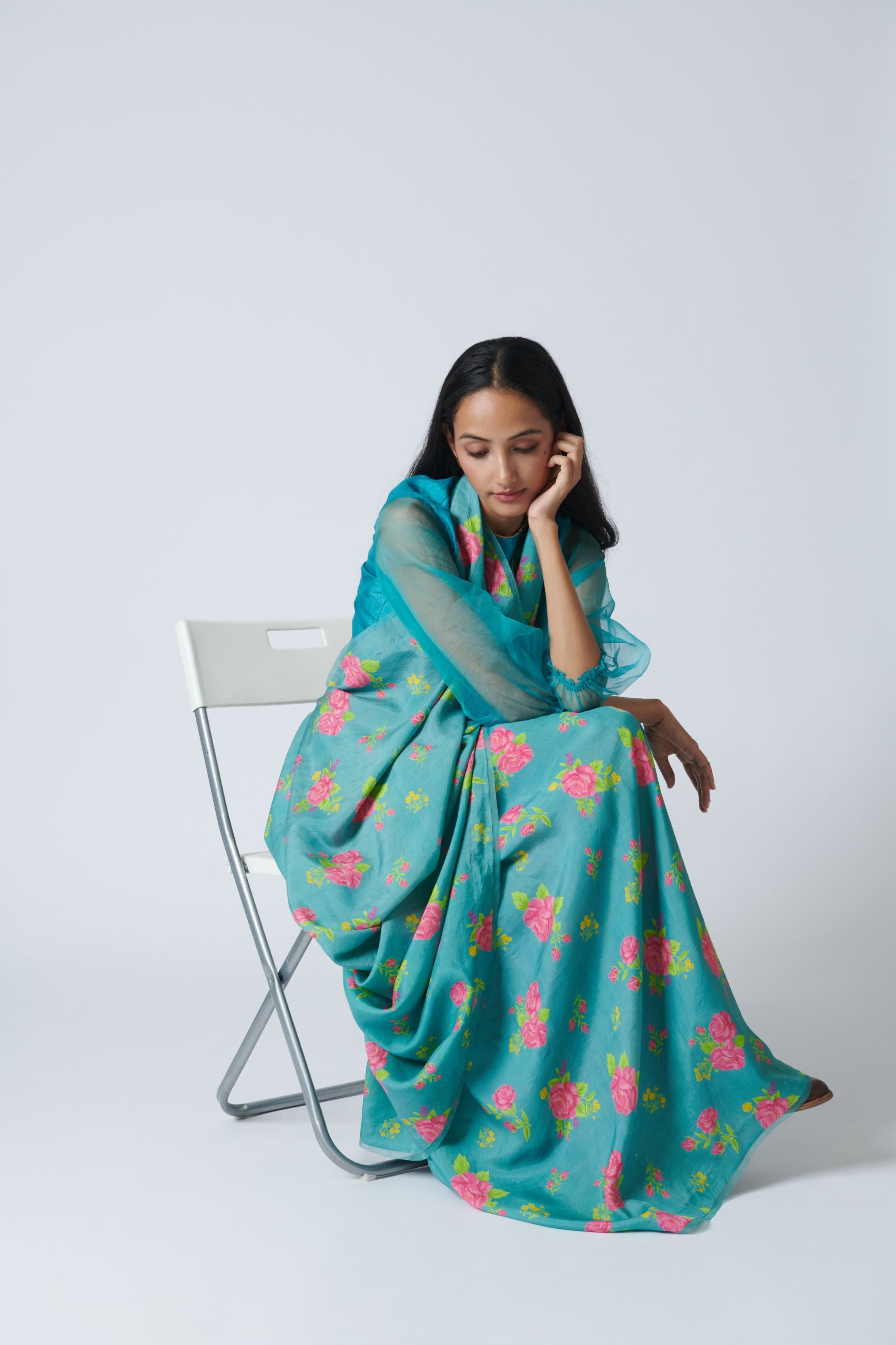 Turquoise Roses Mulberry Silk Sari