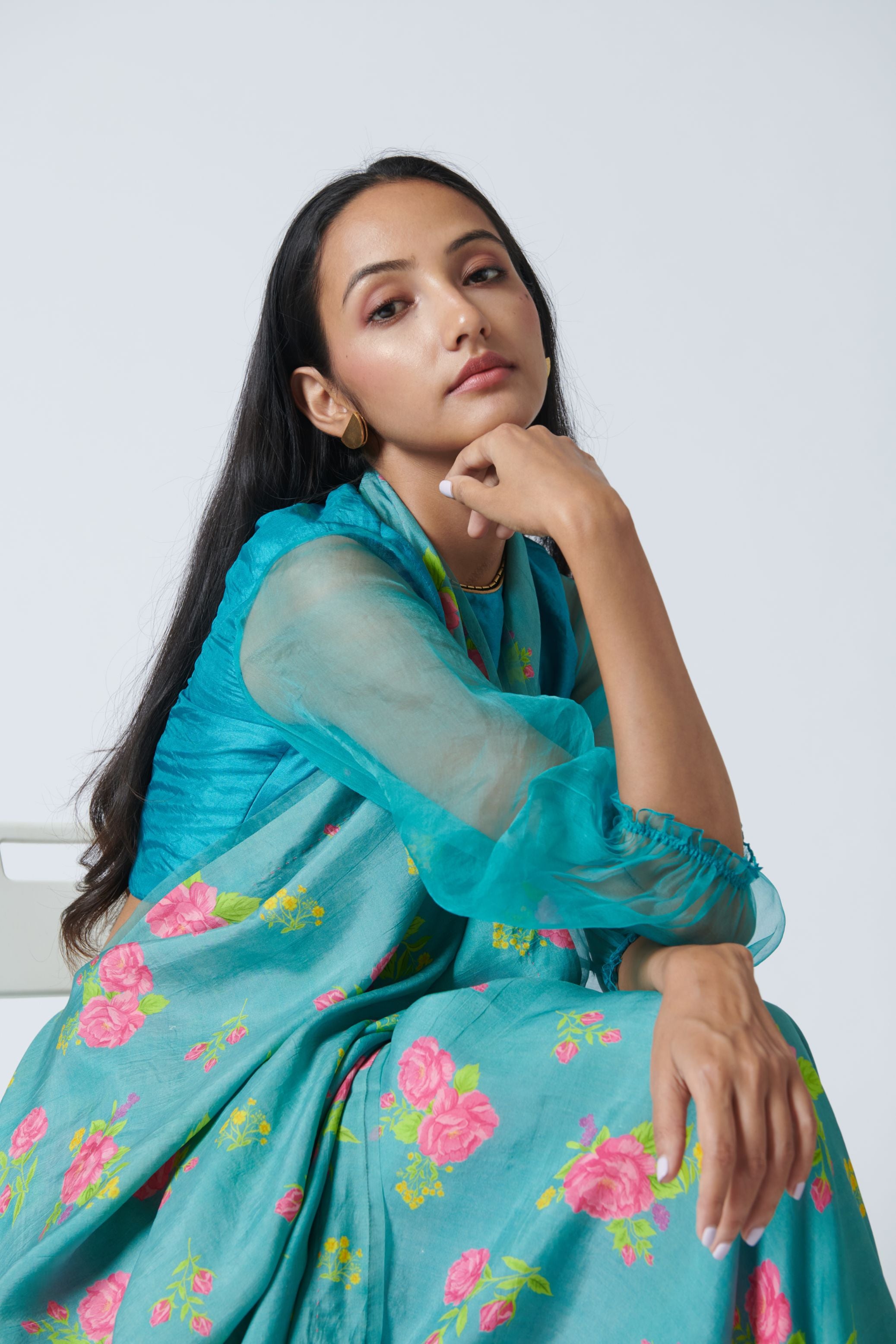 Turquoise Roses Mulberry Silk Sari