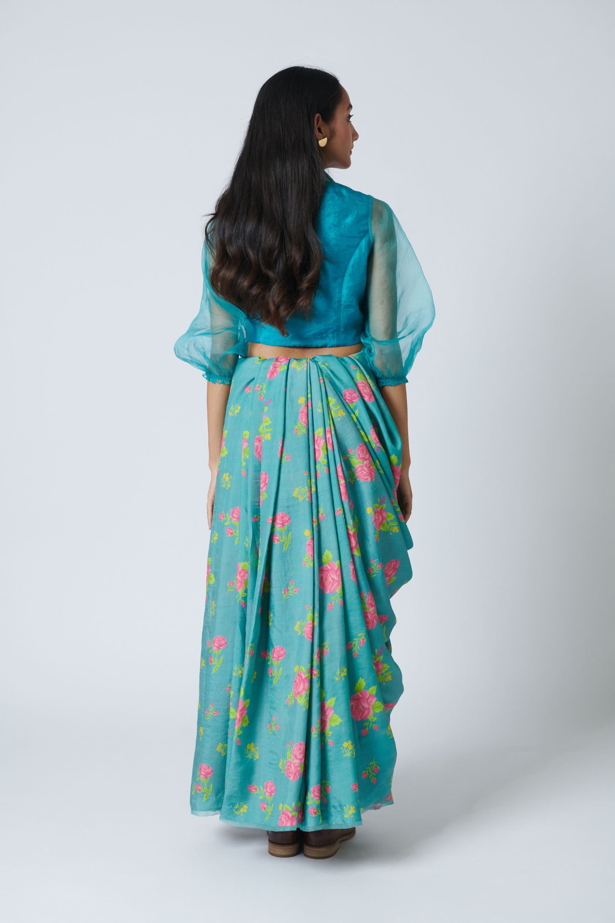 Turquoise Roses Mulberry Silk Sari