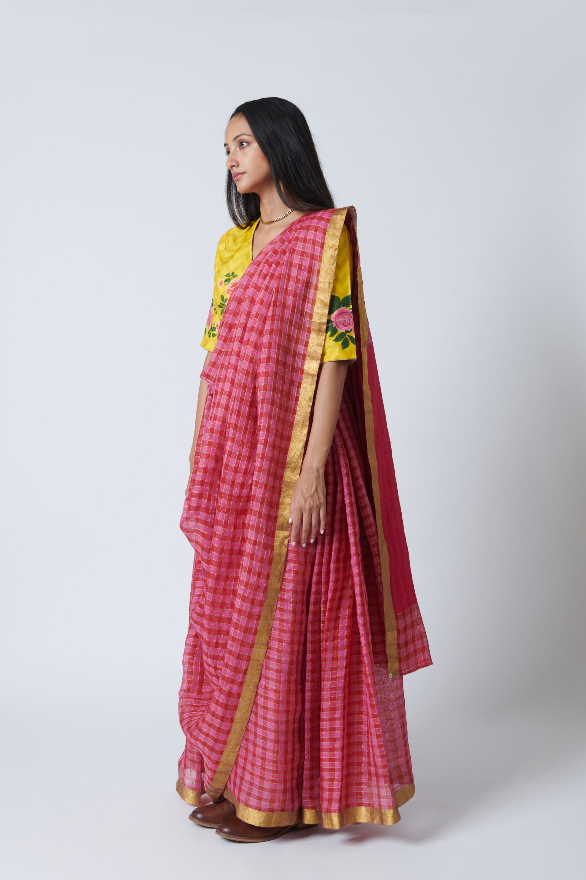 Raspberry Pink Linen Sari