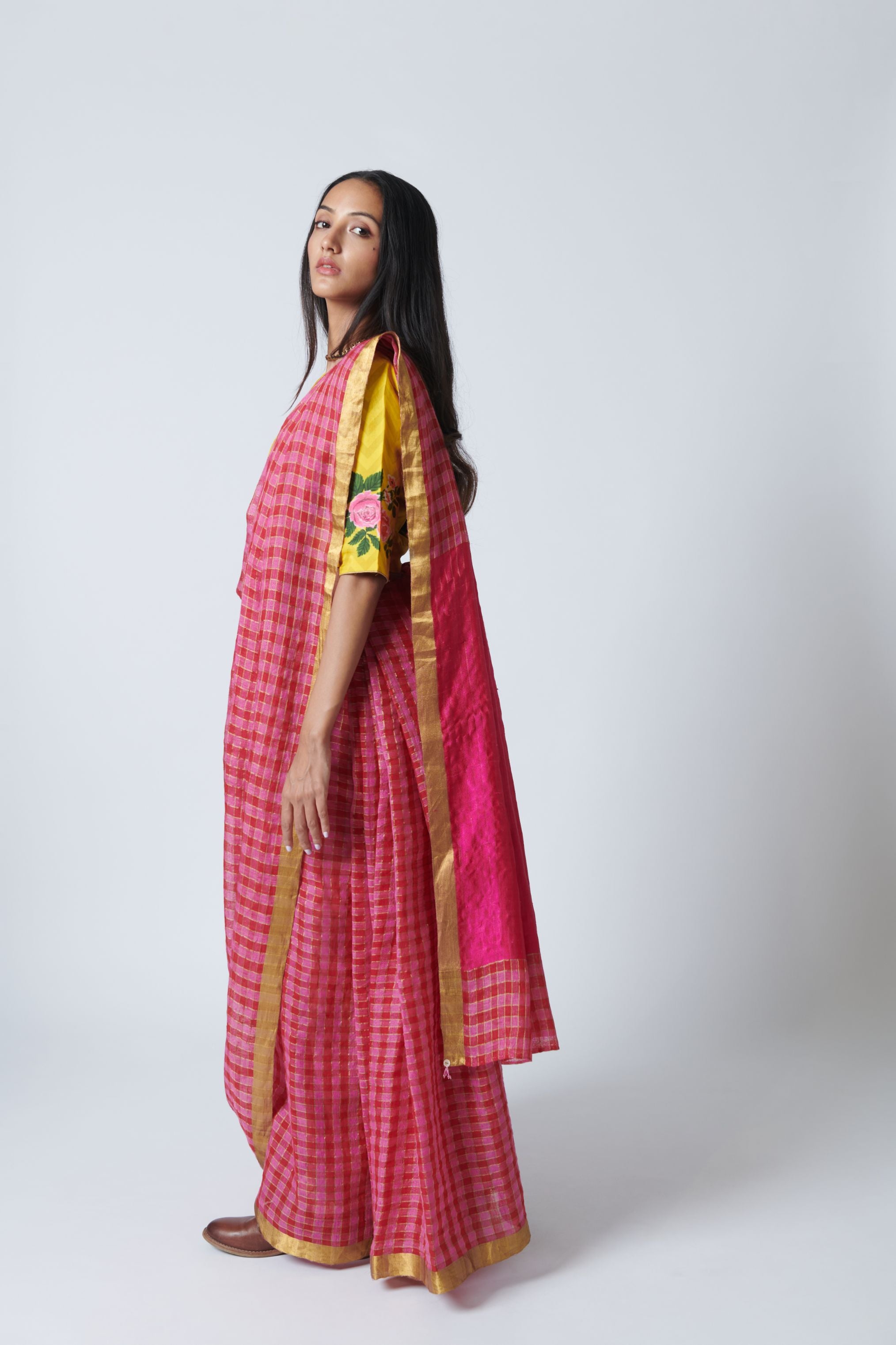Raspberry Pink Linen Sari
