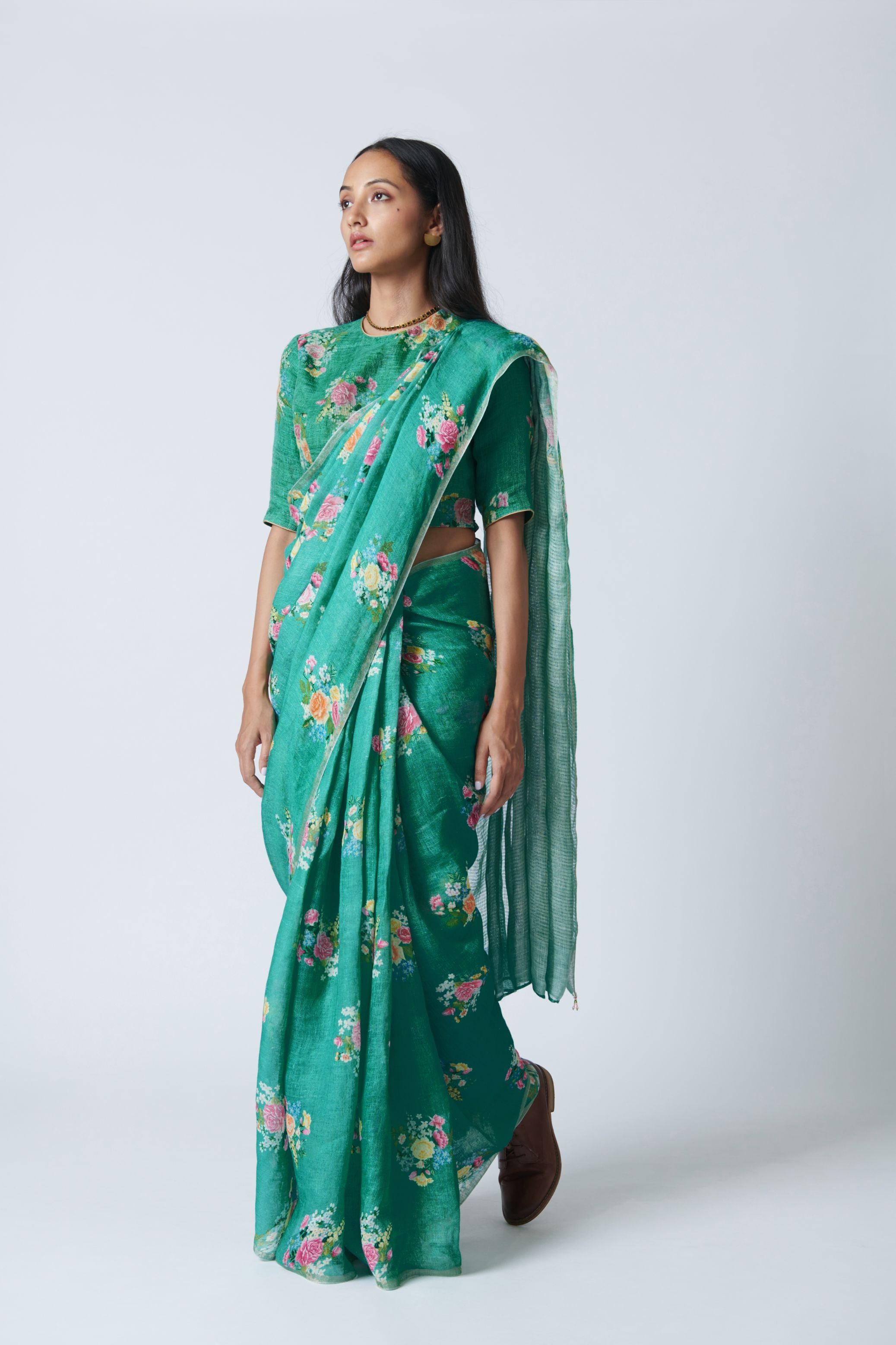 Jade Green Floral Bunch Linen Sari