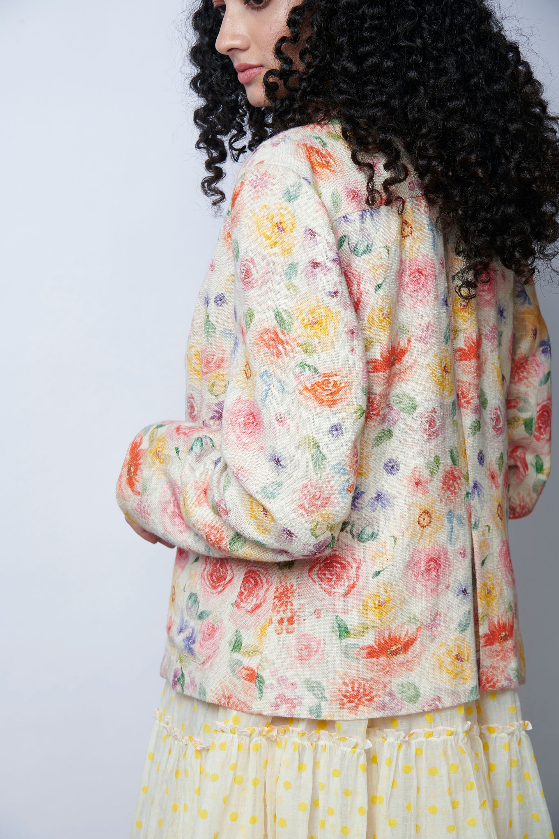 Off White Cotton Jacket with floral Print