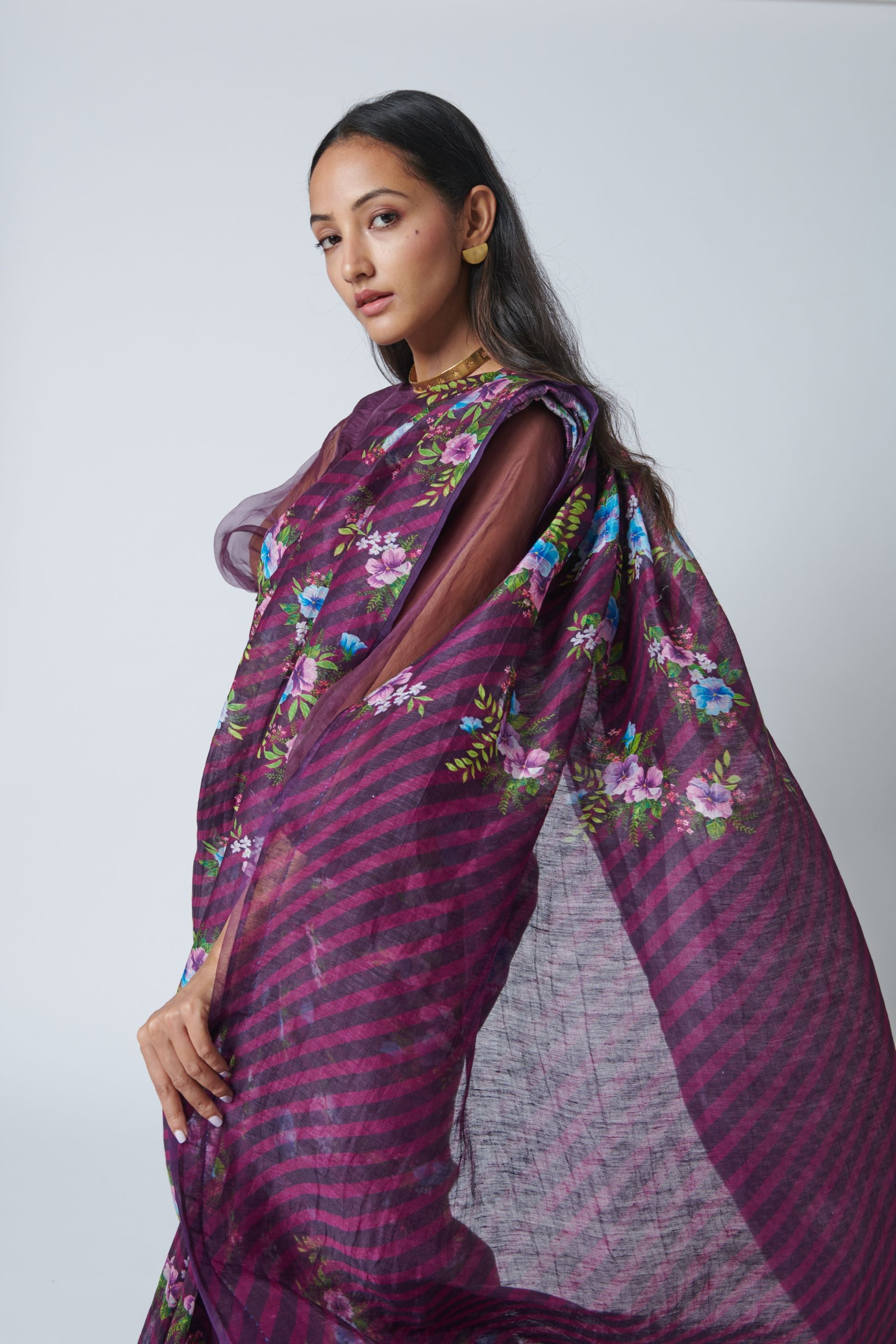 Wine Pansy Silk Linen Sari