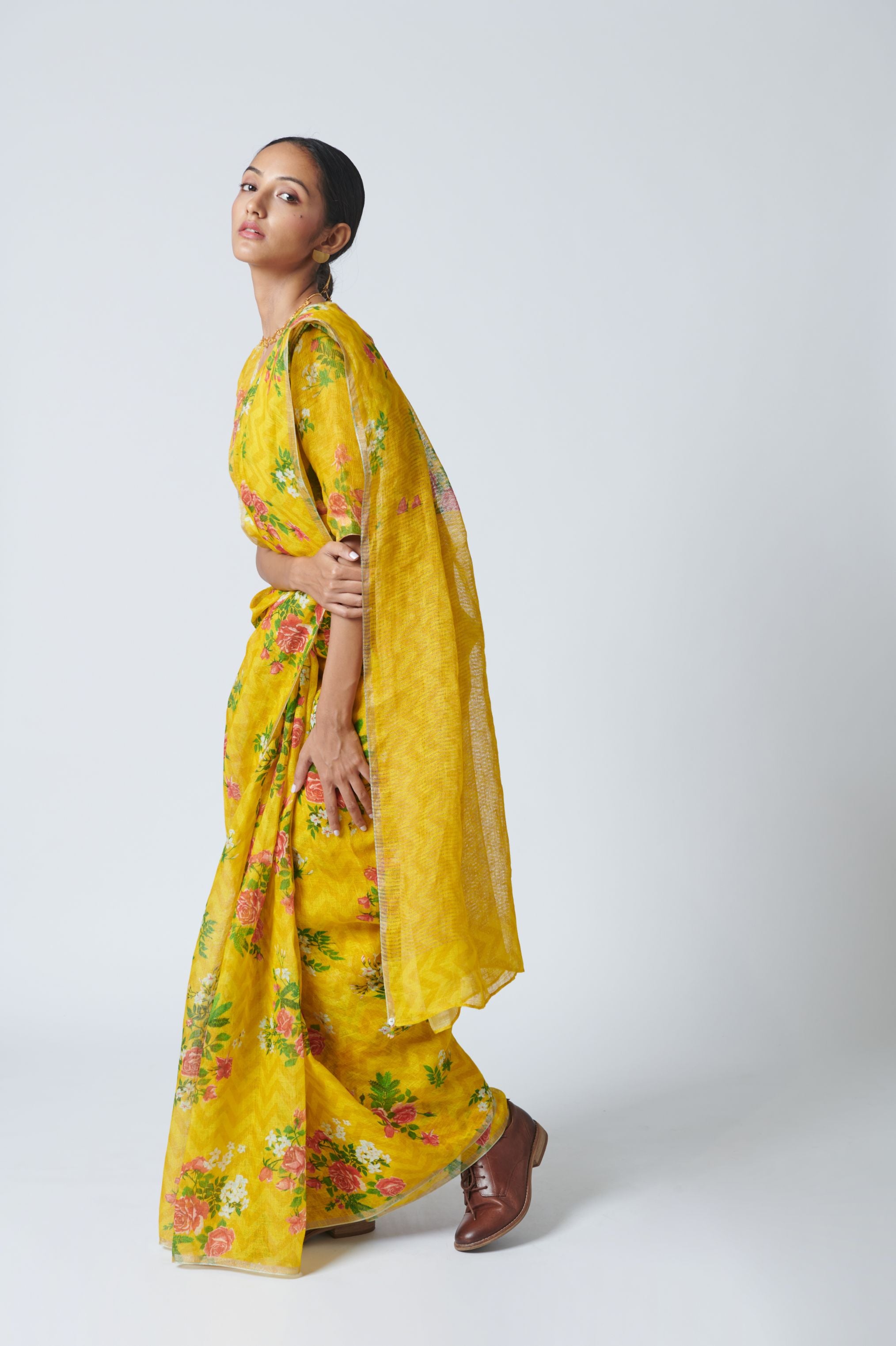 Touch-Me-Not Yellow Linen Sari