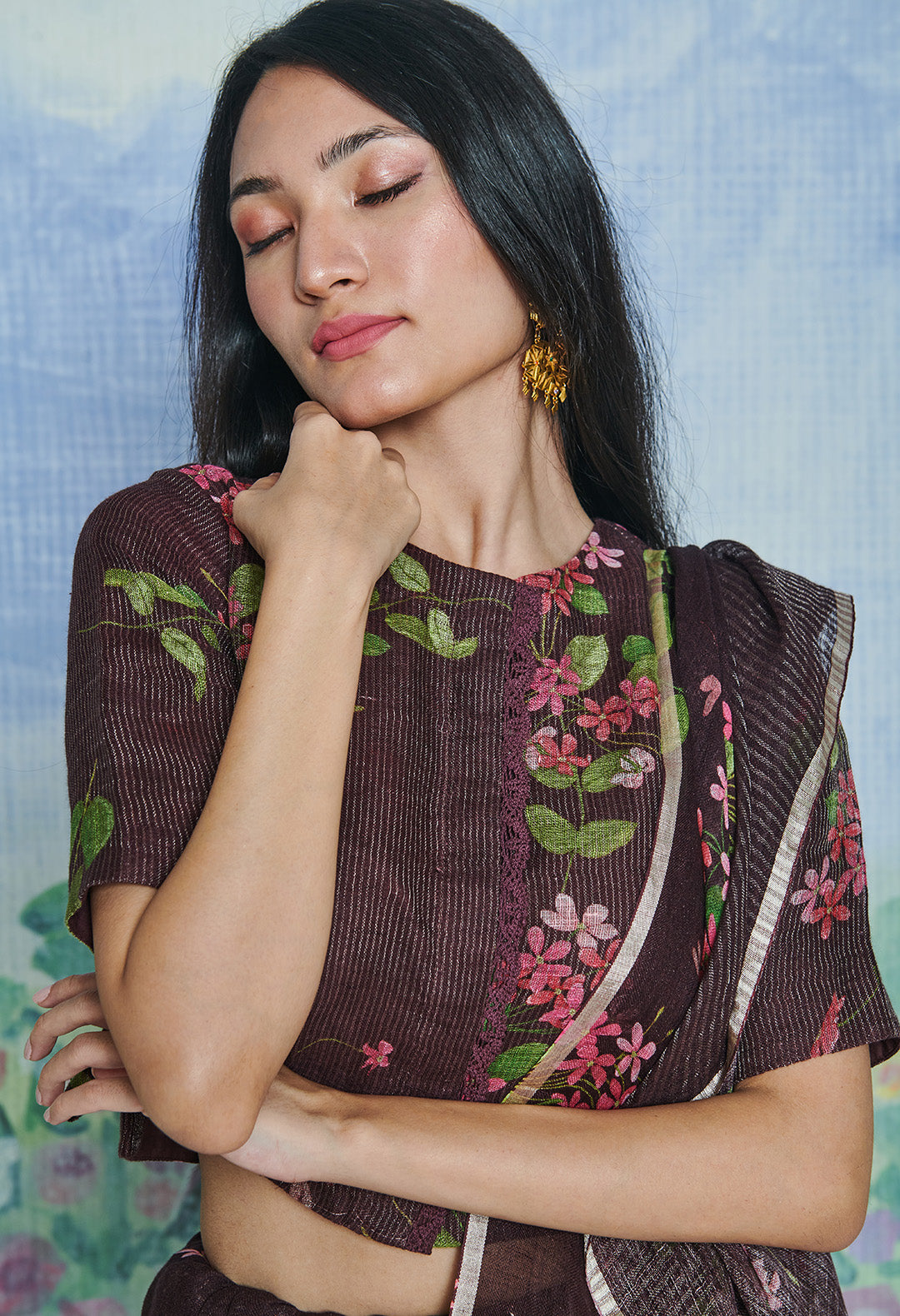 Rangoon Creeper Wine Linen Sari