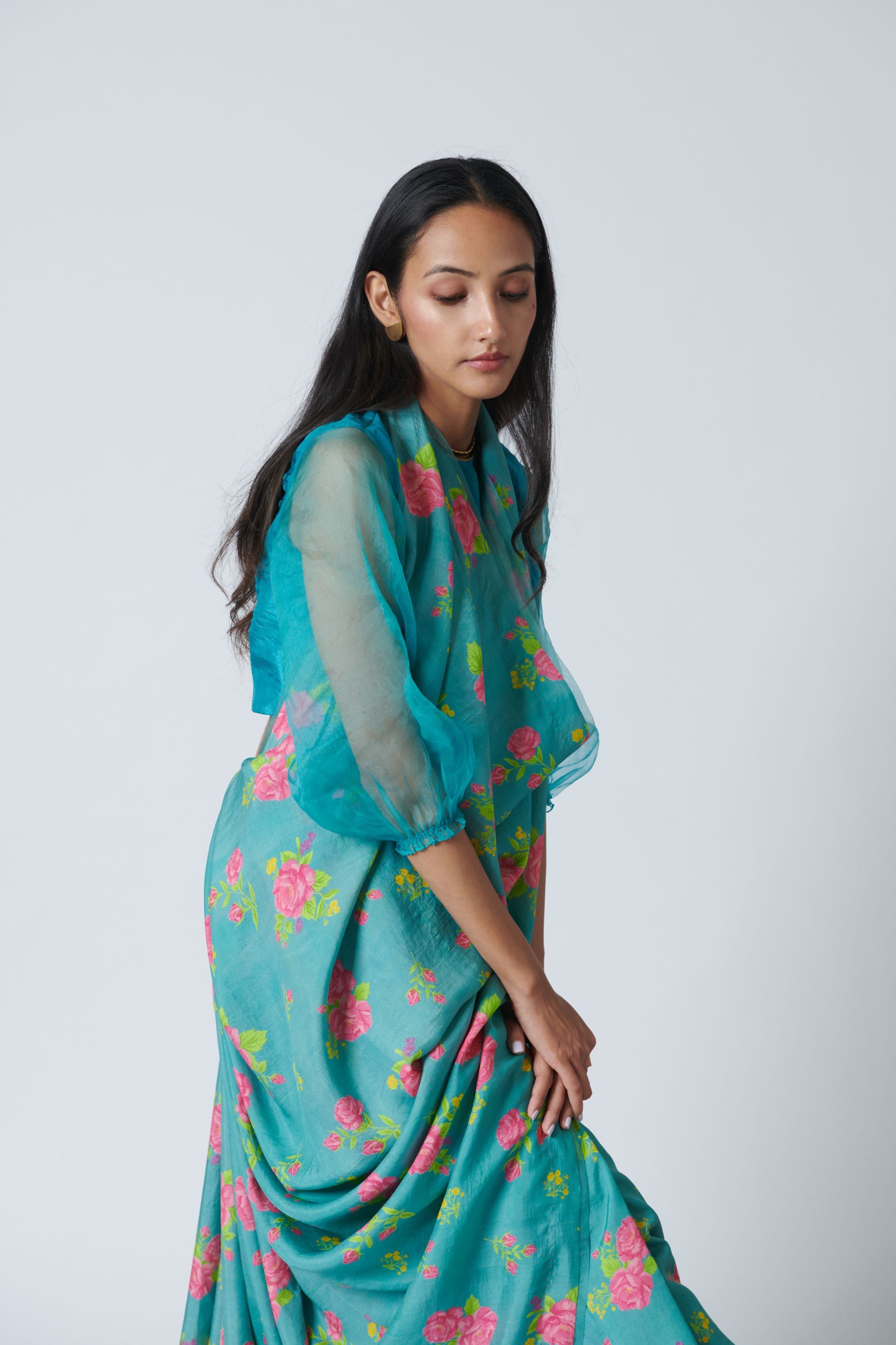 Turquoise Roses Mulberry Silk Sari