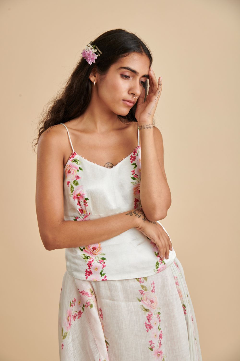 Floral Stripe Noodle Strap Blouse
