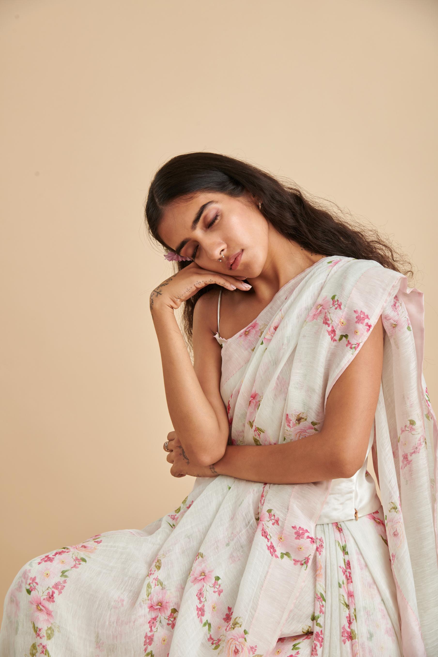 Floral Stripe Silk Linen Sari