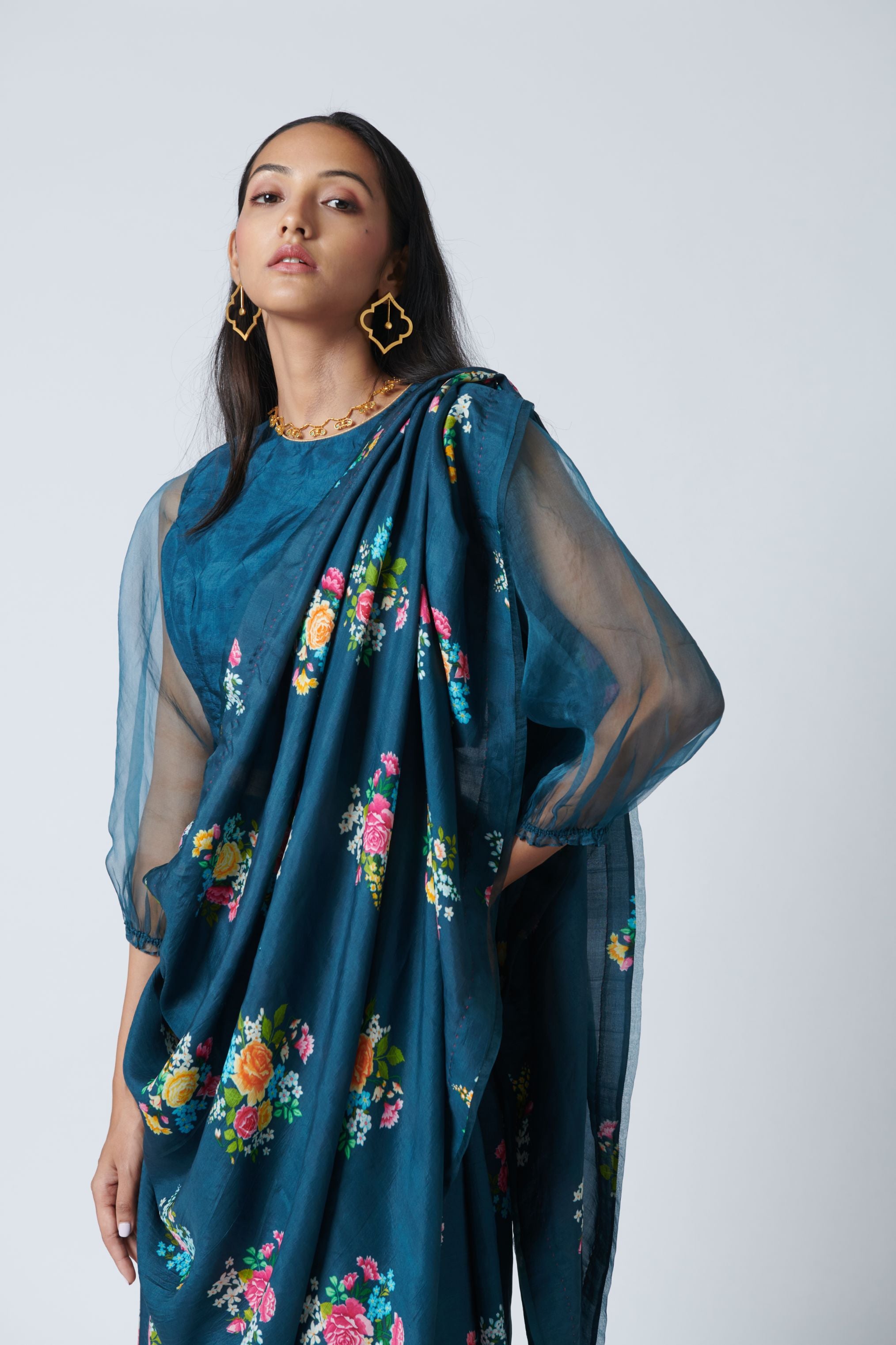 Midnight Floral Bunch Mulberry Silk Sari