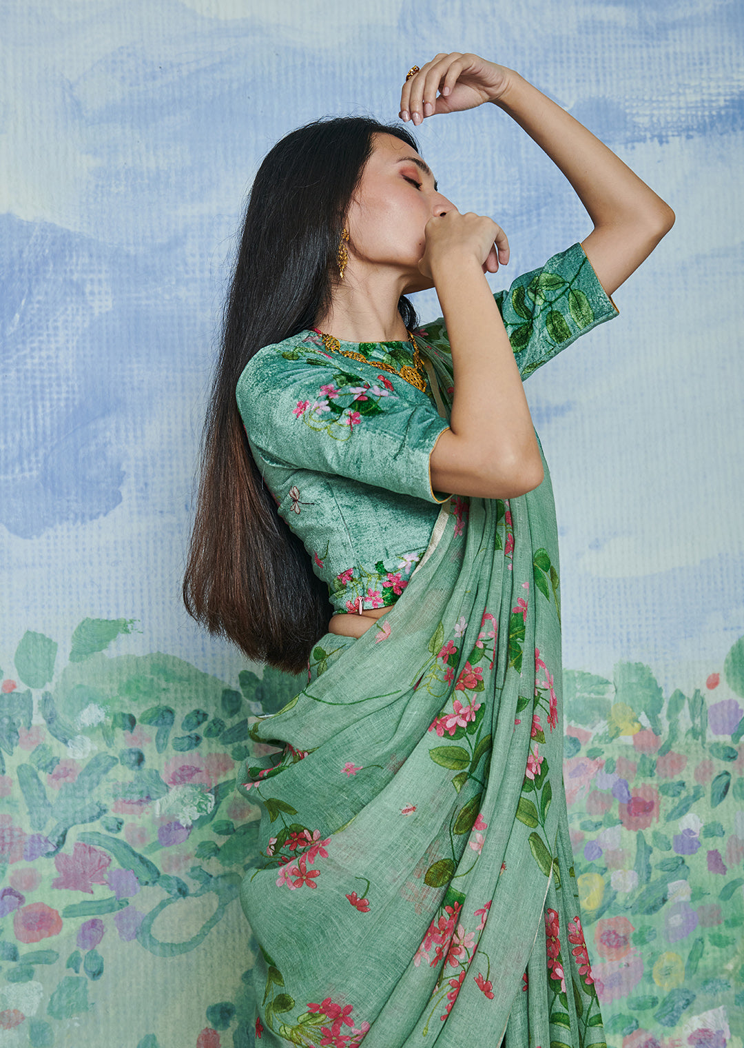 Rangoon Creeper Wasabi Linen Sari