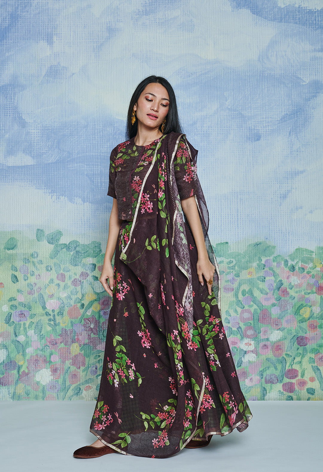 Rangoon Creeper Wine Linen Sari