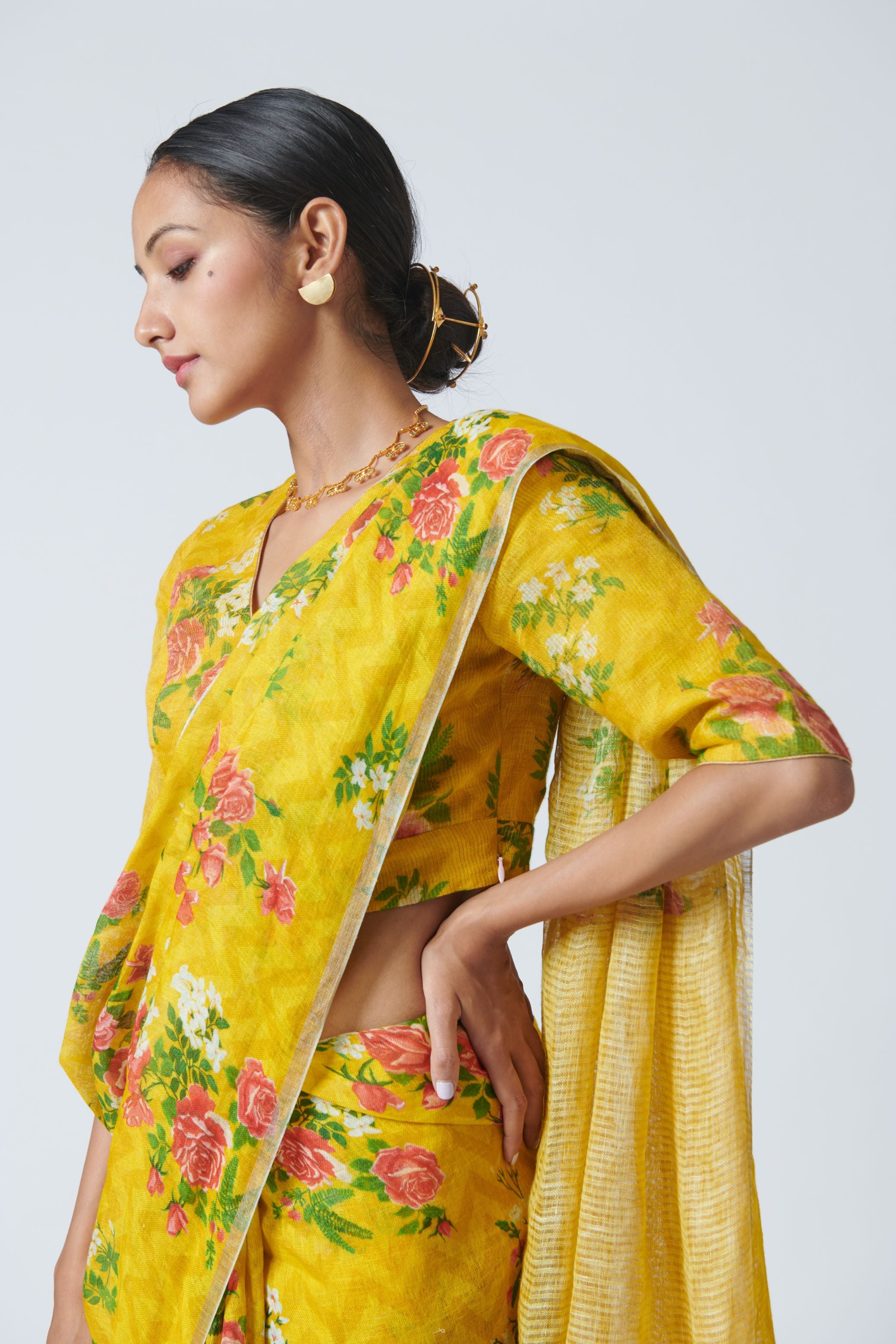 Touch-Me-Not Yellow Linen Sari
