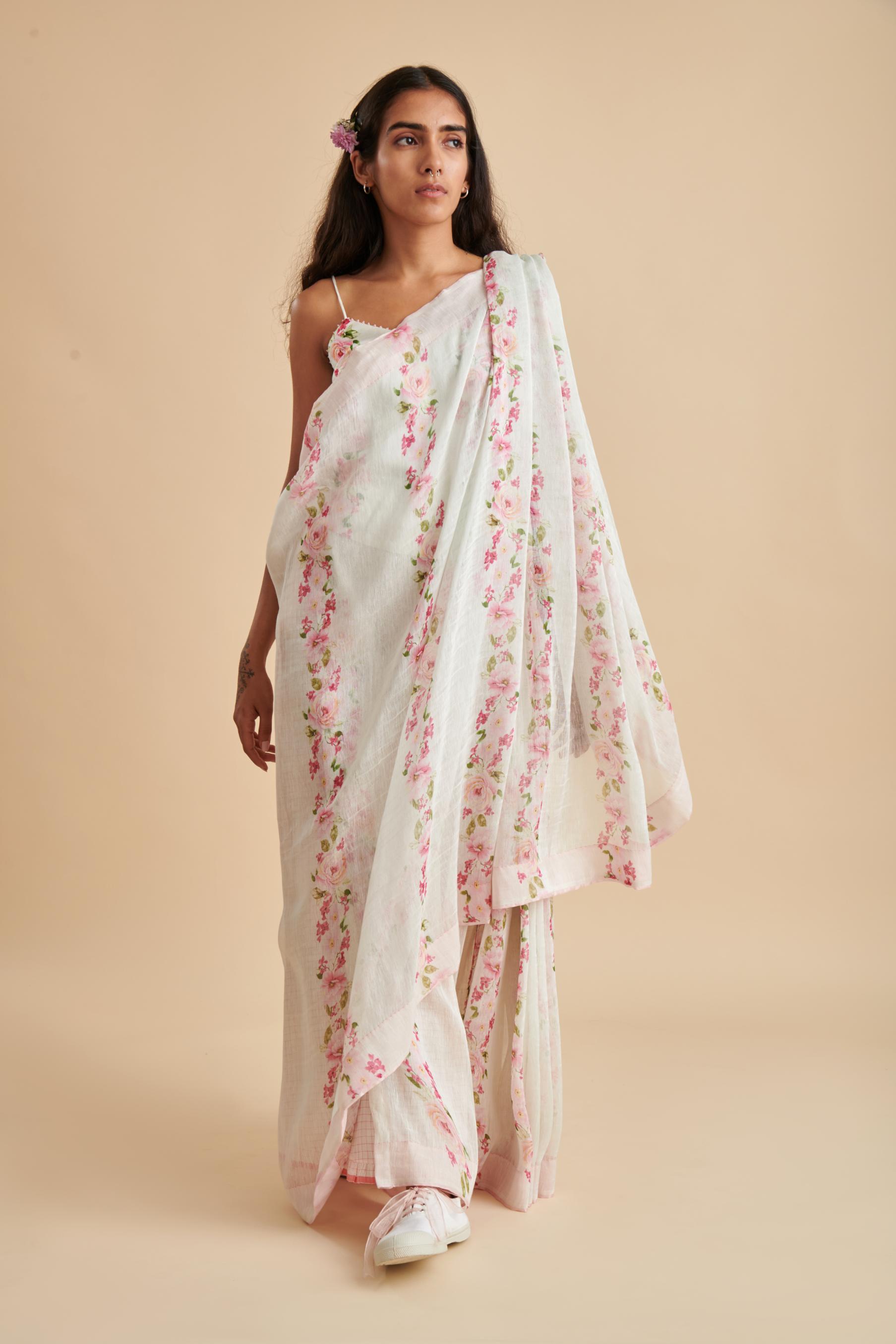 Floral Stripe Silk Linen Sari