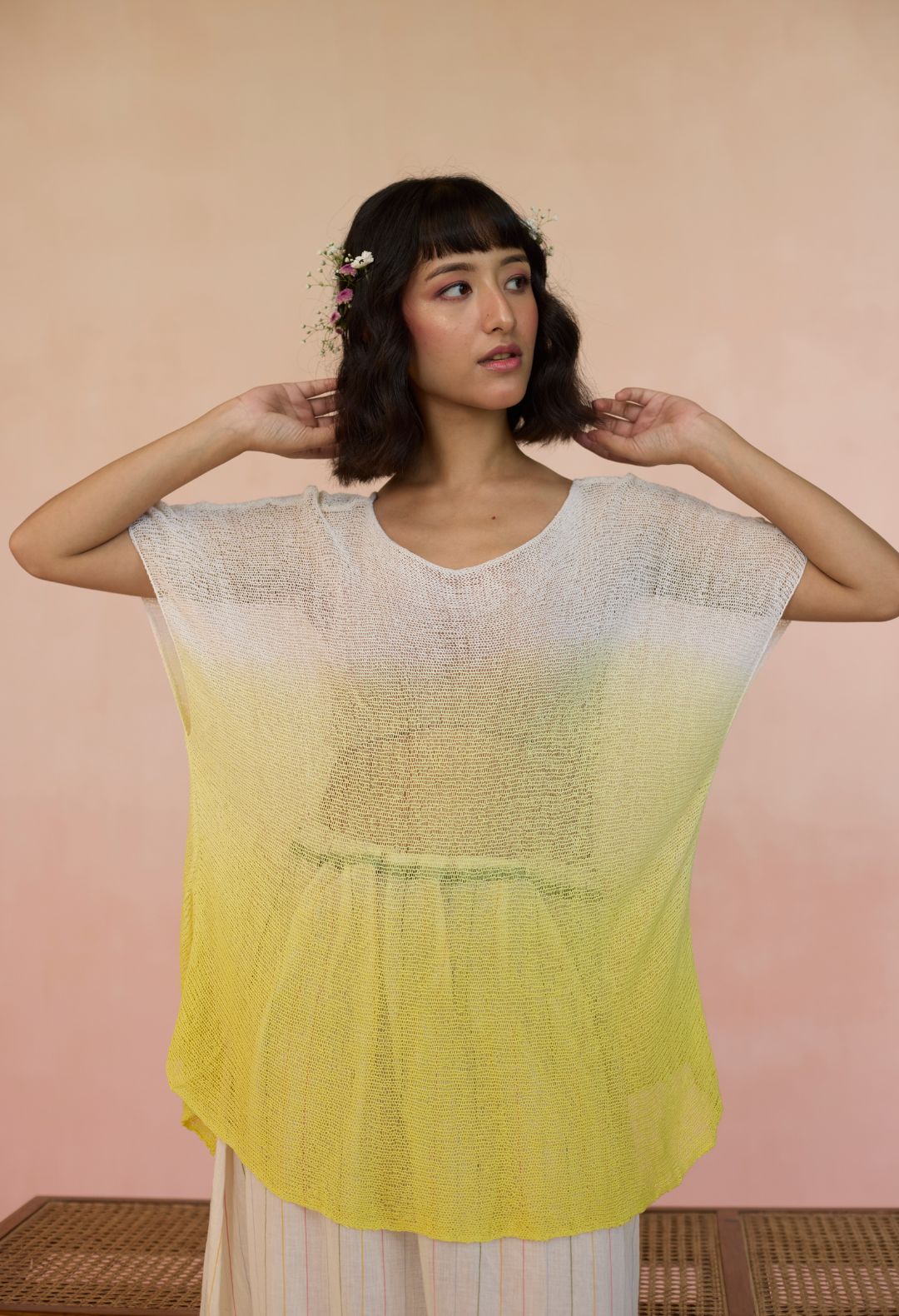 Hand Yellow Ombre Knit Silk Top