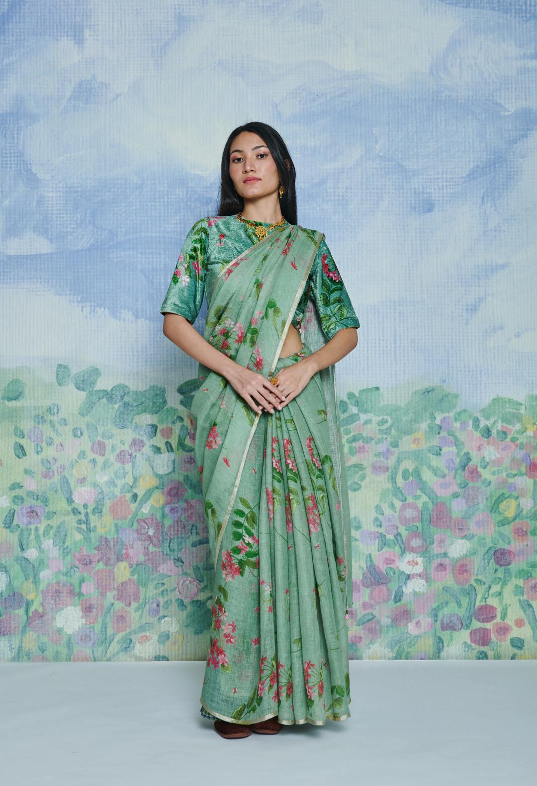 Rangoon Creeper Wasabi Linen Sari