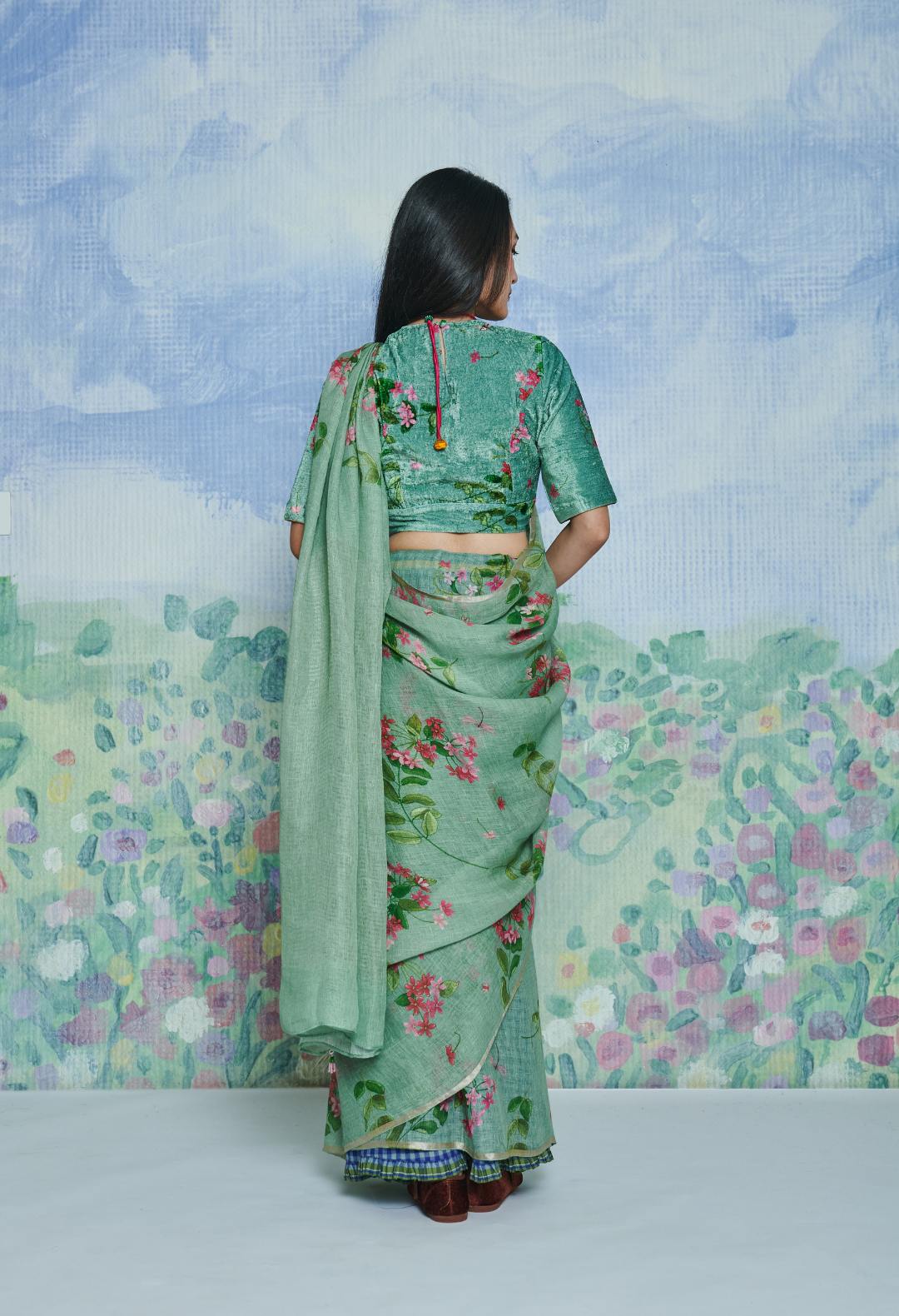 Rangoon Creeper Wasabi Linen Sari