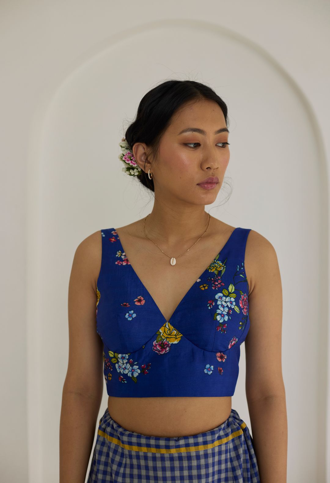 Royal Blue Bouquet Deep V Padded Mulberry Silk Blouse