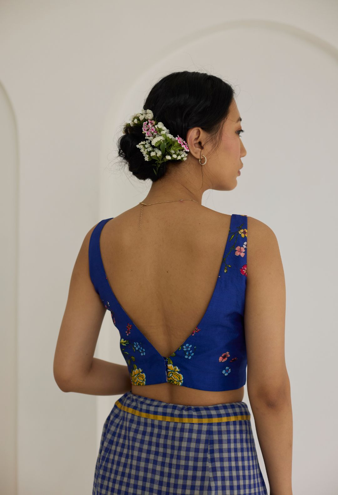 Royal Blue Bouquet Deep V Padded Mulberry Silk Blouse