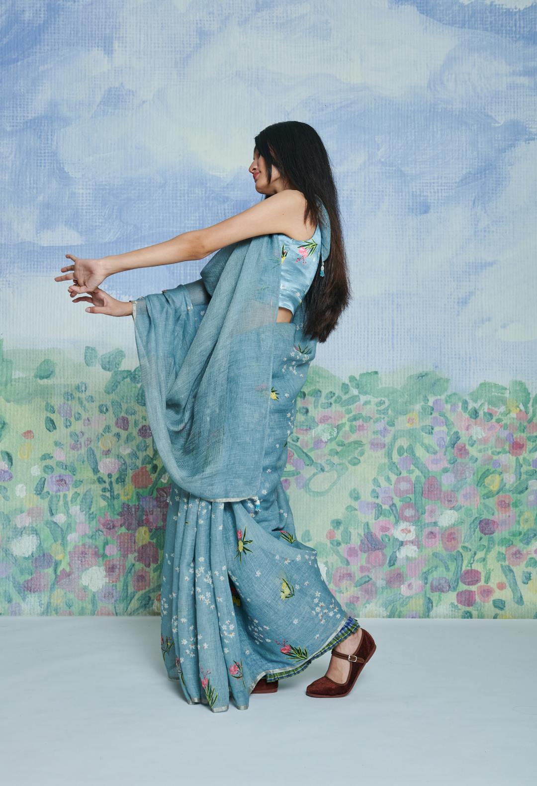 Parijaat Blue Linen Sari