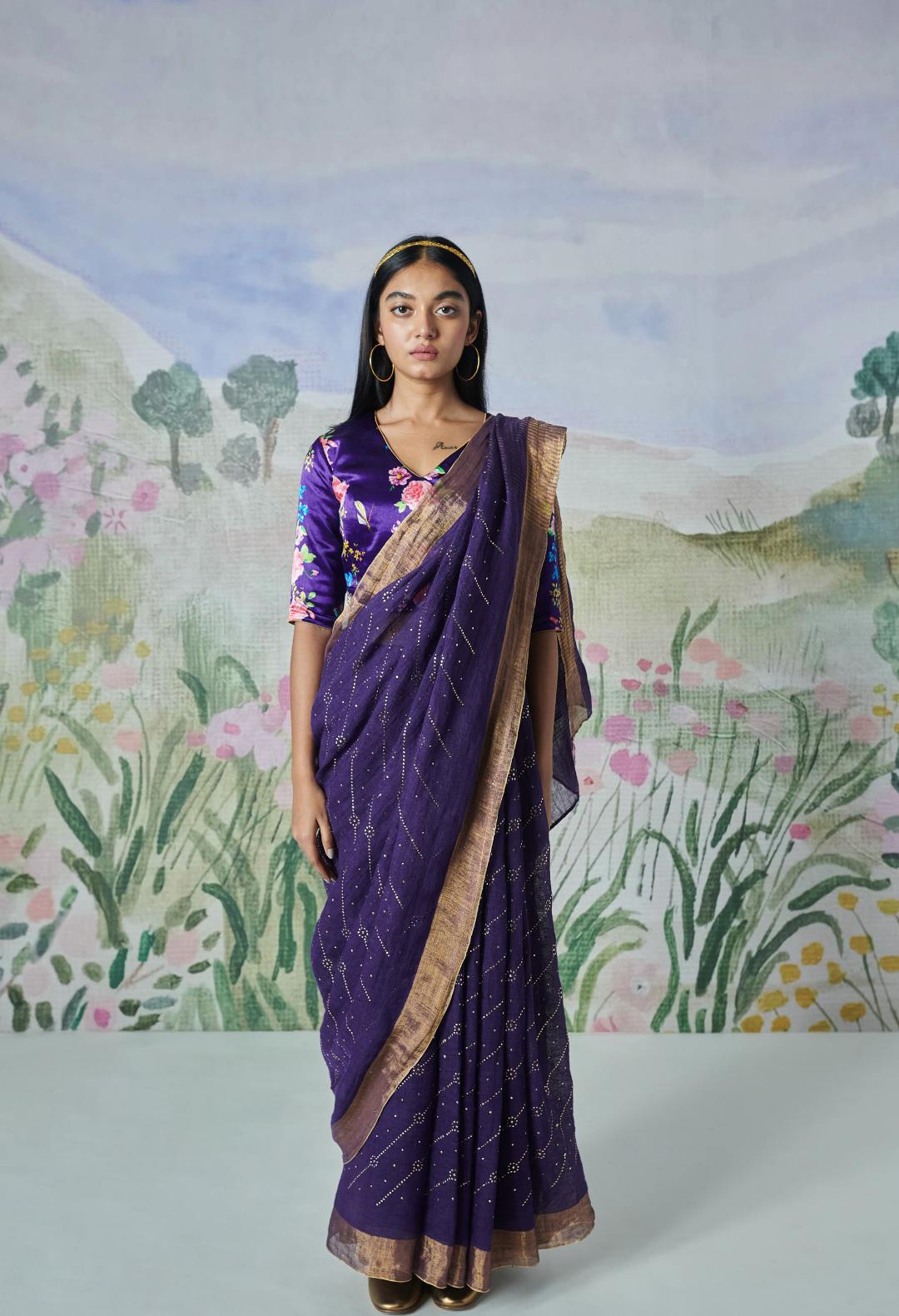 Gold Dot Linen Sari