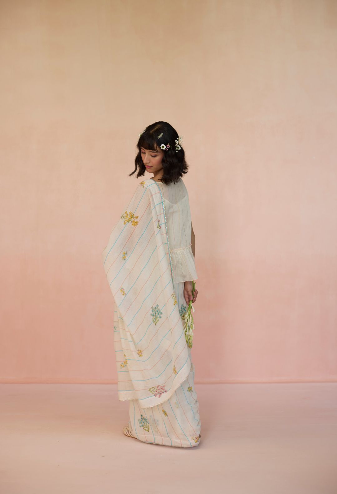 Ditsy Silk and Cotton Stripe Sari