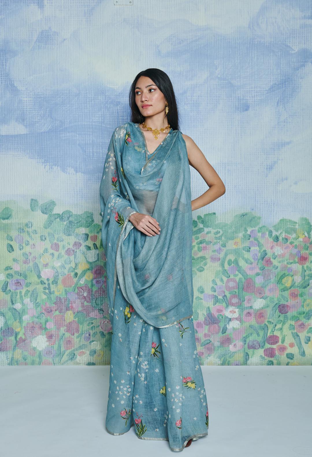 Parijaat Blue Linen Sari