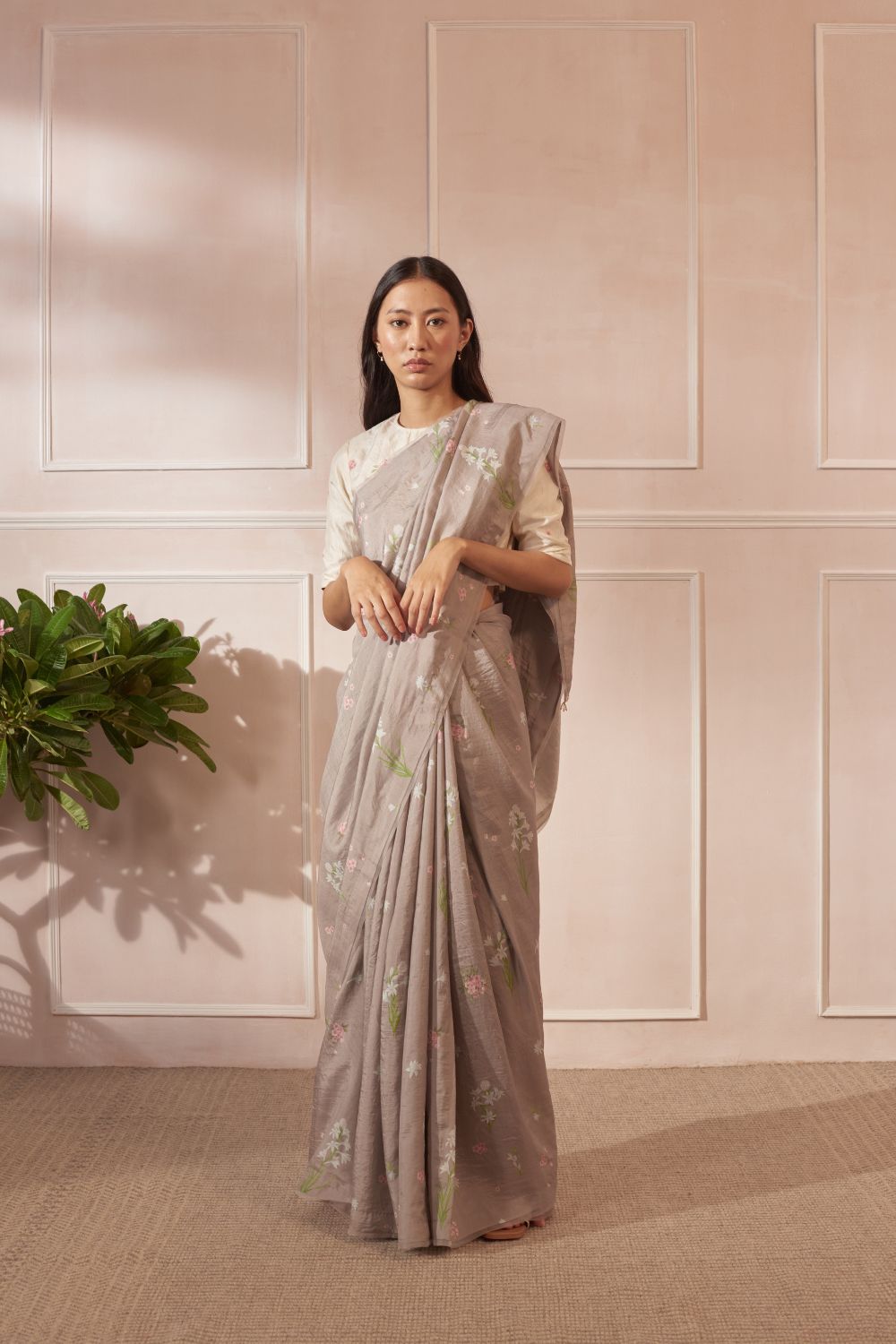 Parijaat and Periwinkle Mulberry Silk Sari