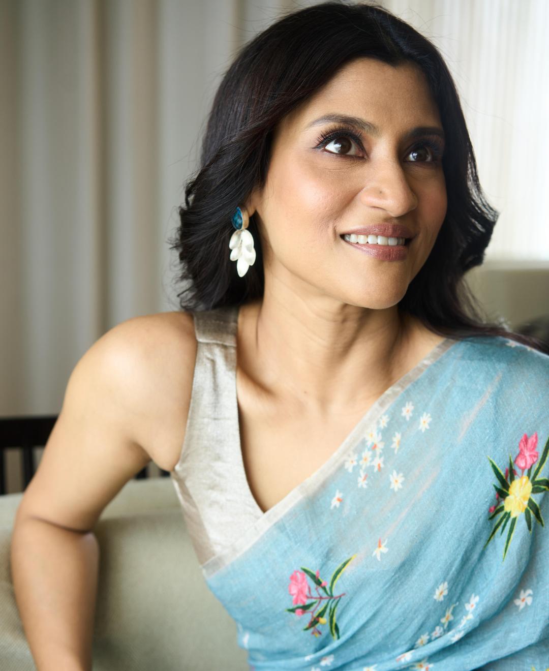 Konkona in Parijat Blue Linen Sari