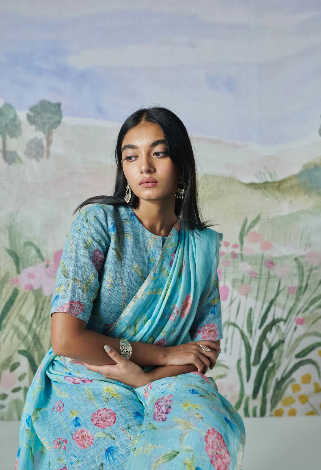 Blue Poppy Linen Sari