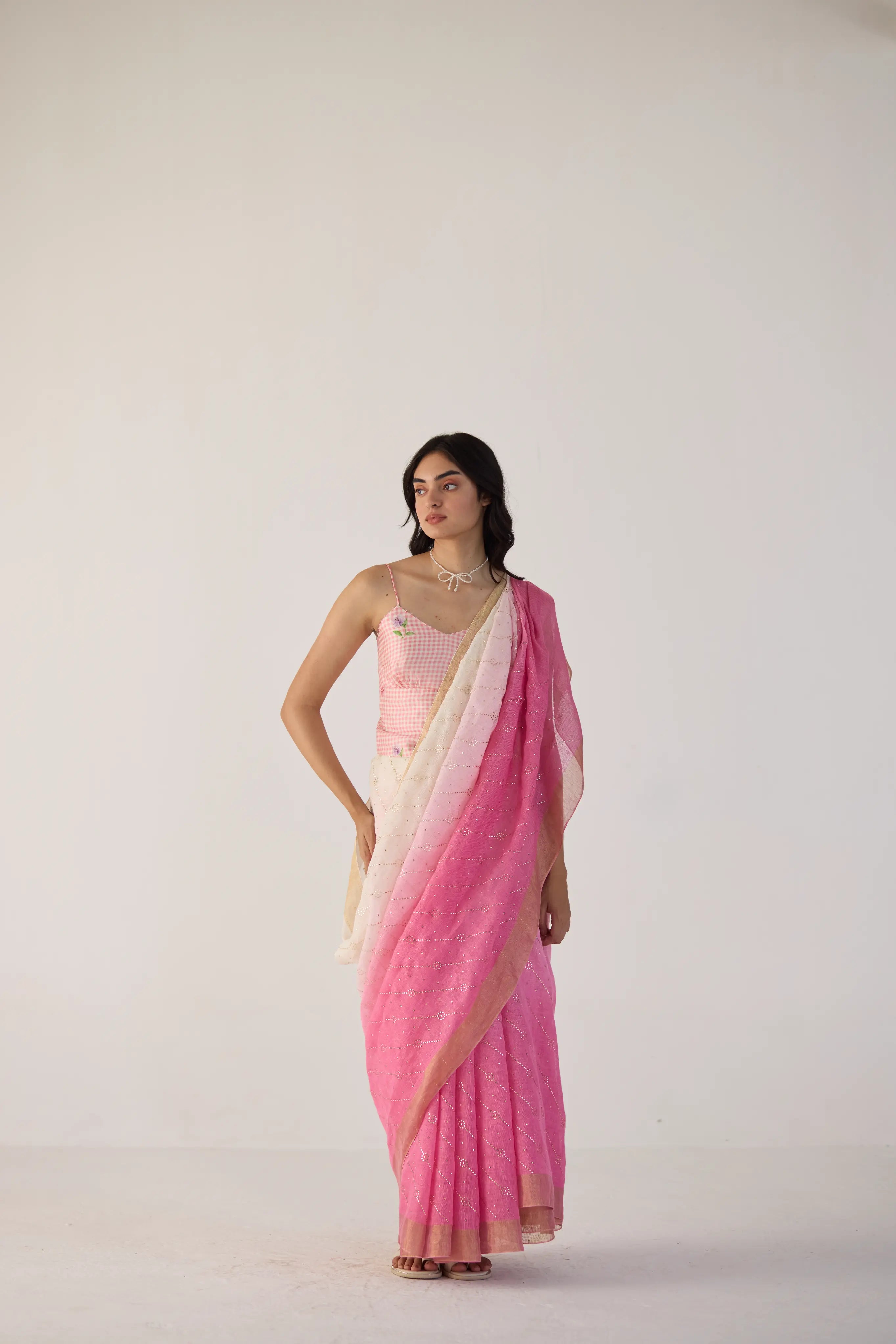 Pink Ombre Linen sari with Gold Dots Print