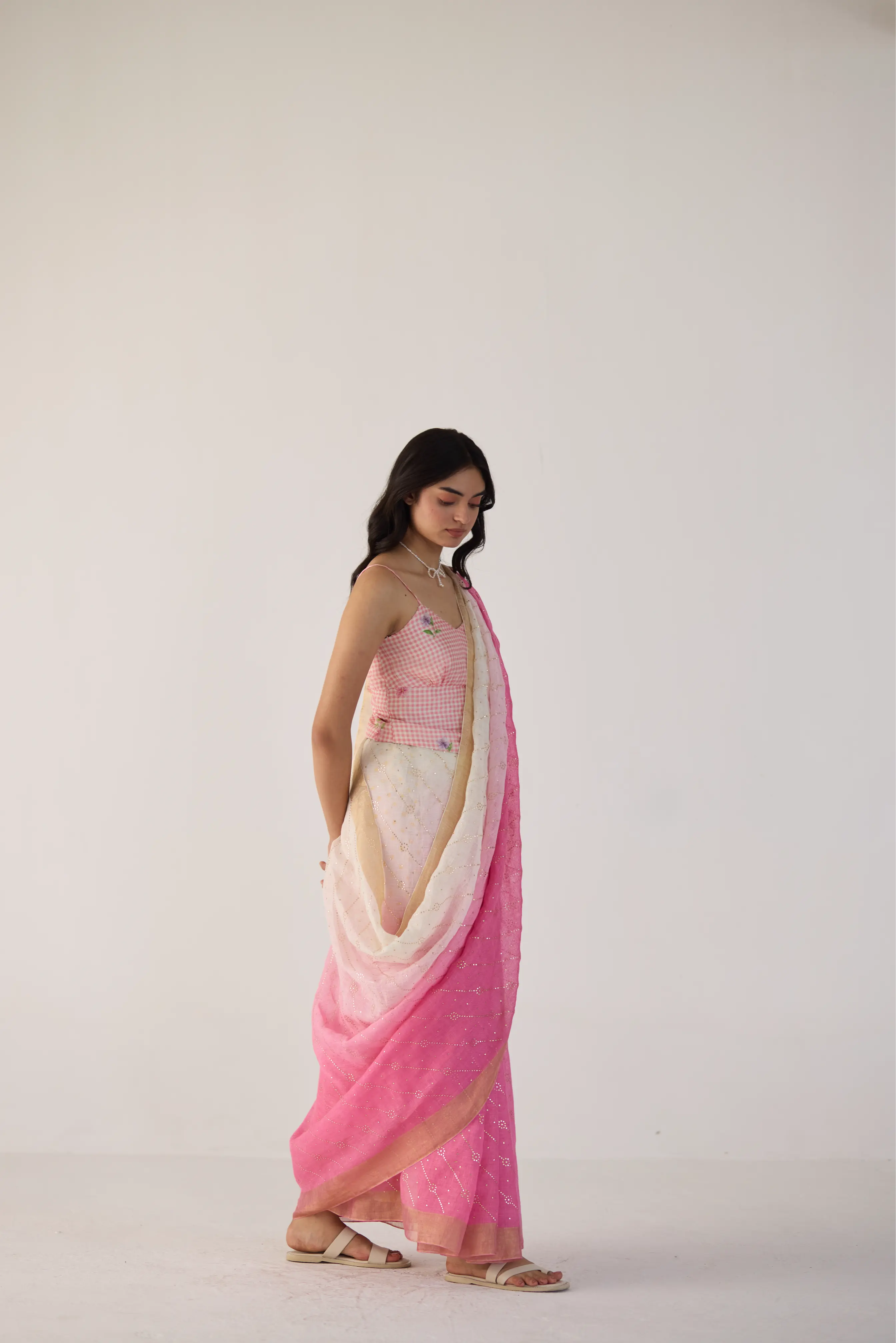 Pink Ombre Linen sari with Gold Dots Print