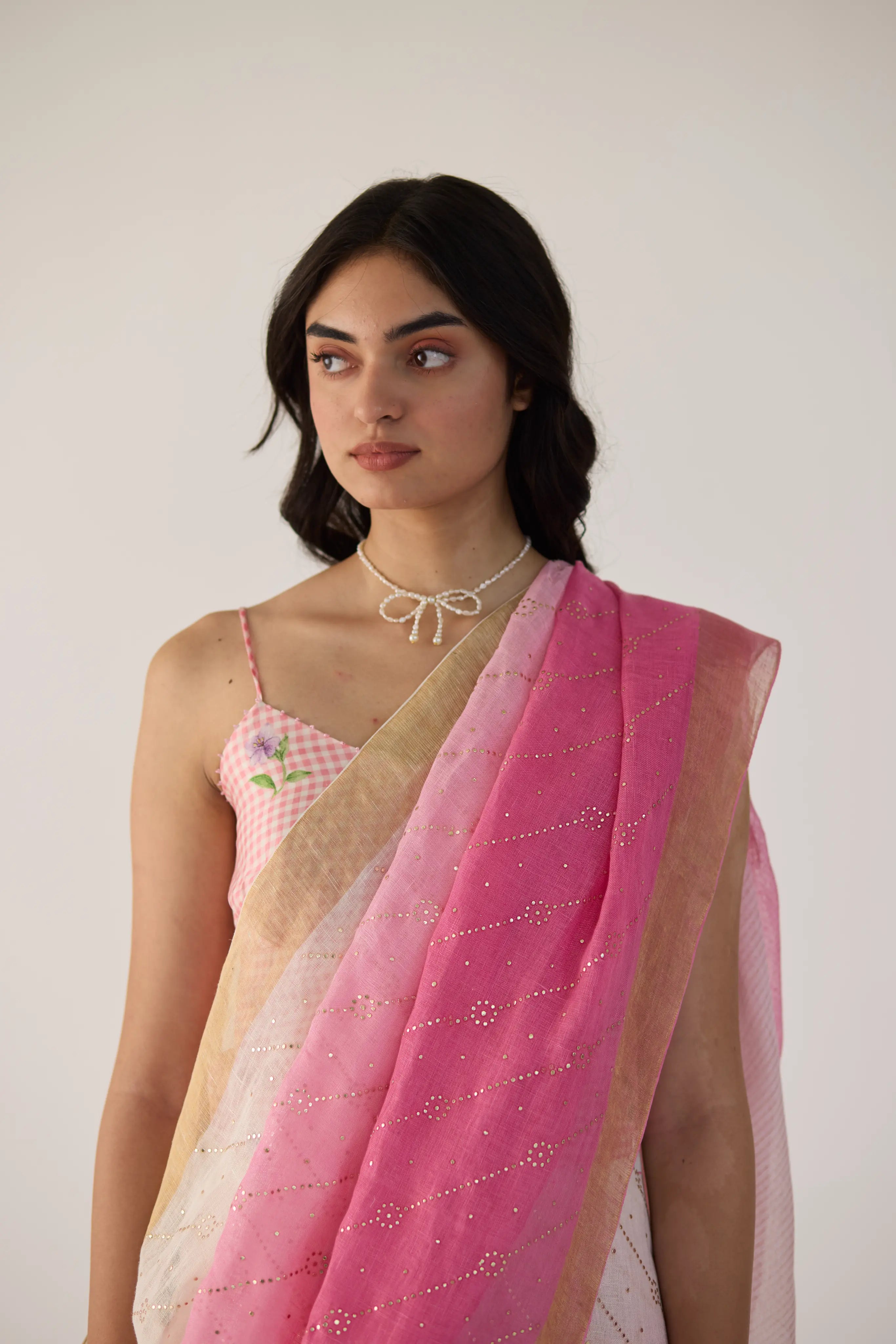 Pink Ombre Linen sari with Gold Dots Print