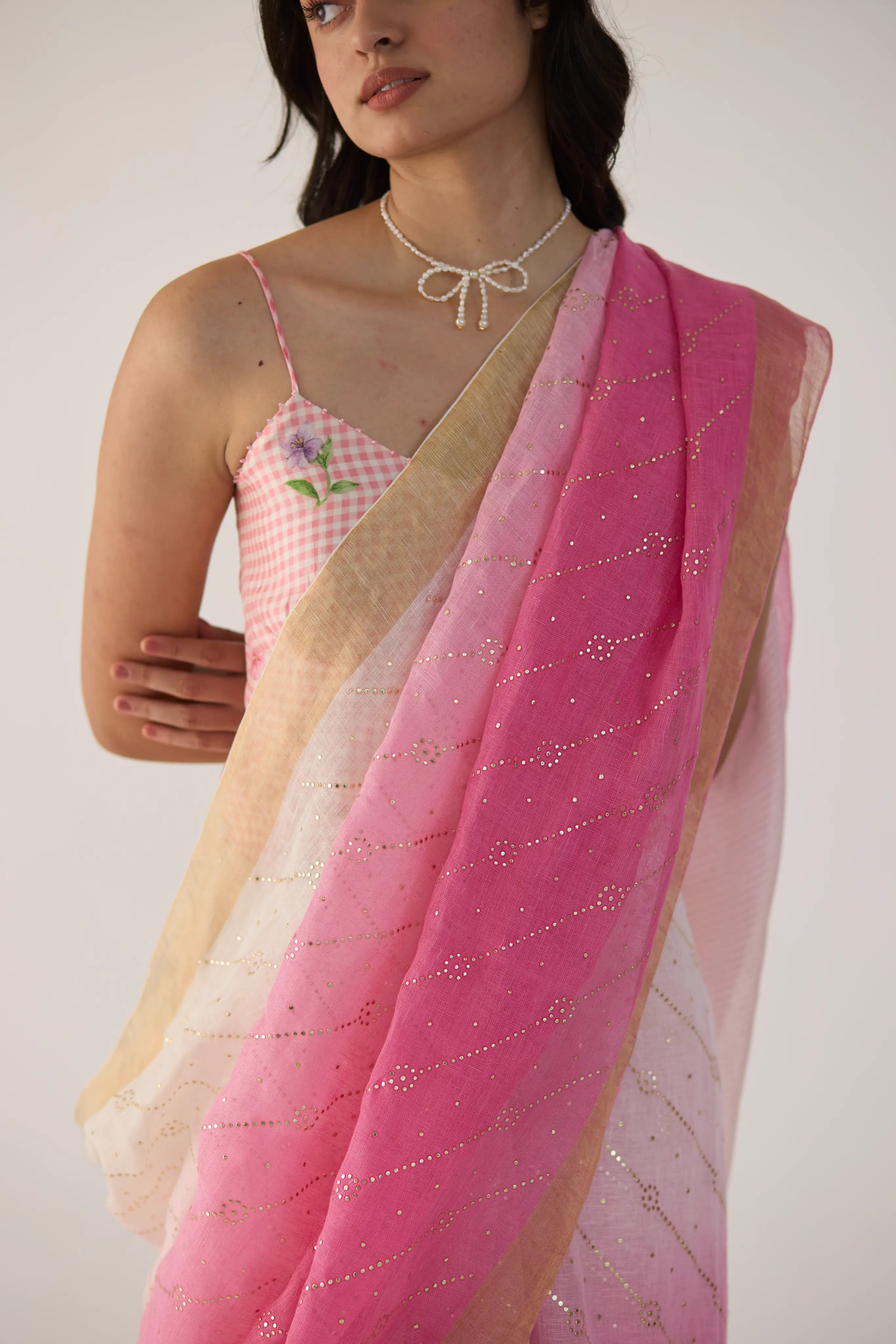 Pink Ombre Linen sari with Gold Dots Print