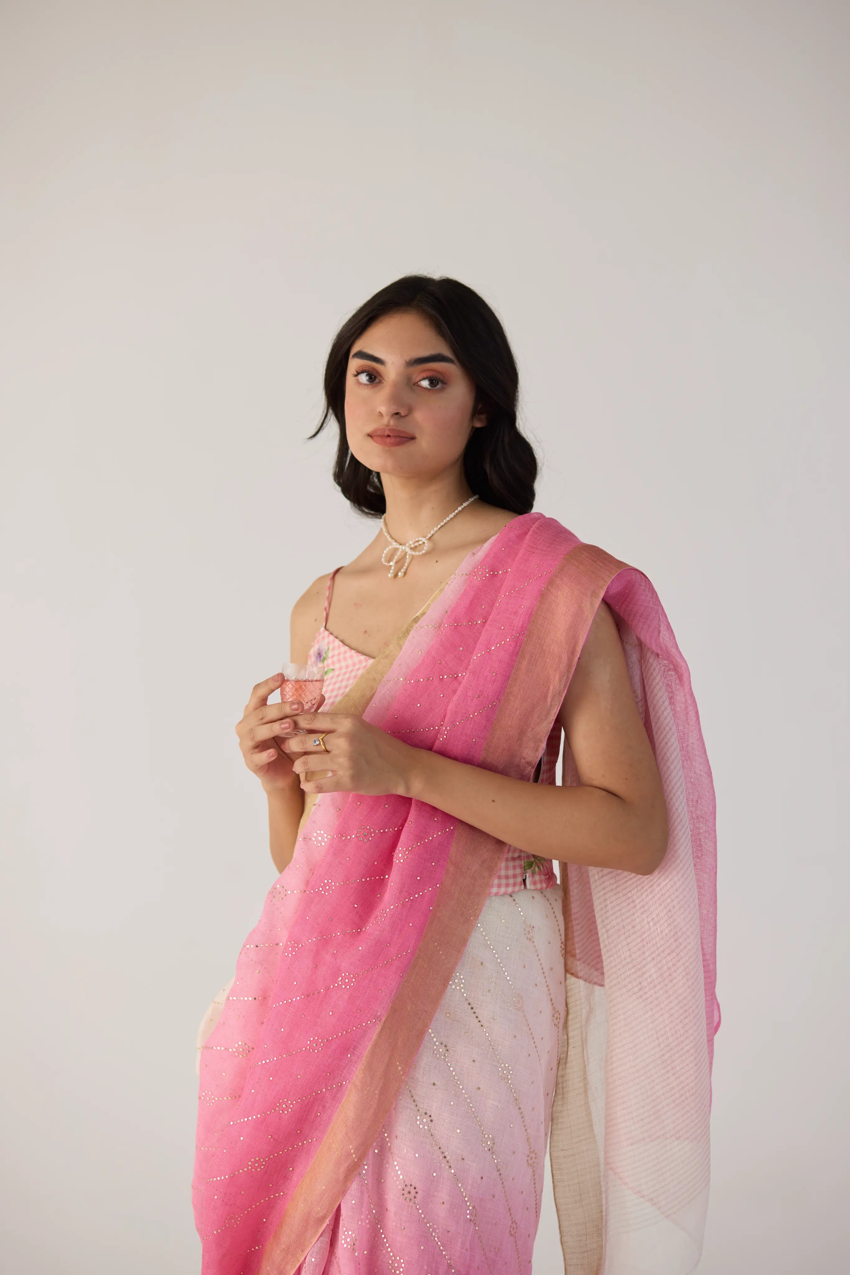 Pink Ombre Linen sari with Gold Dots Print