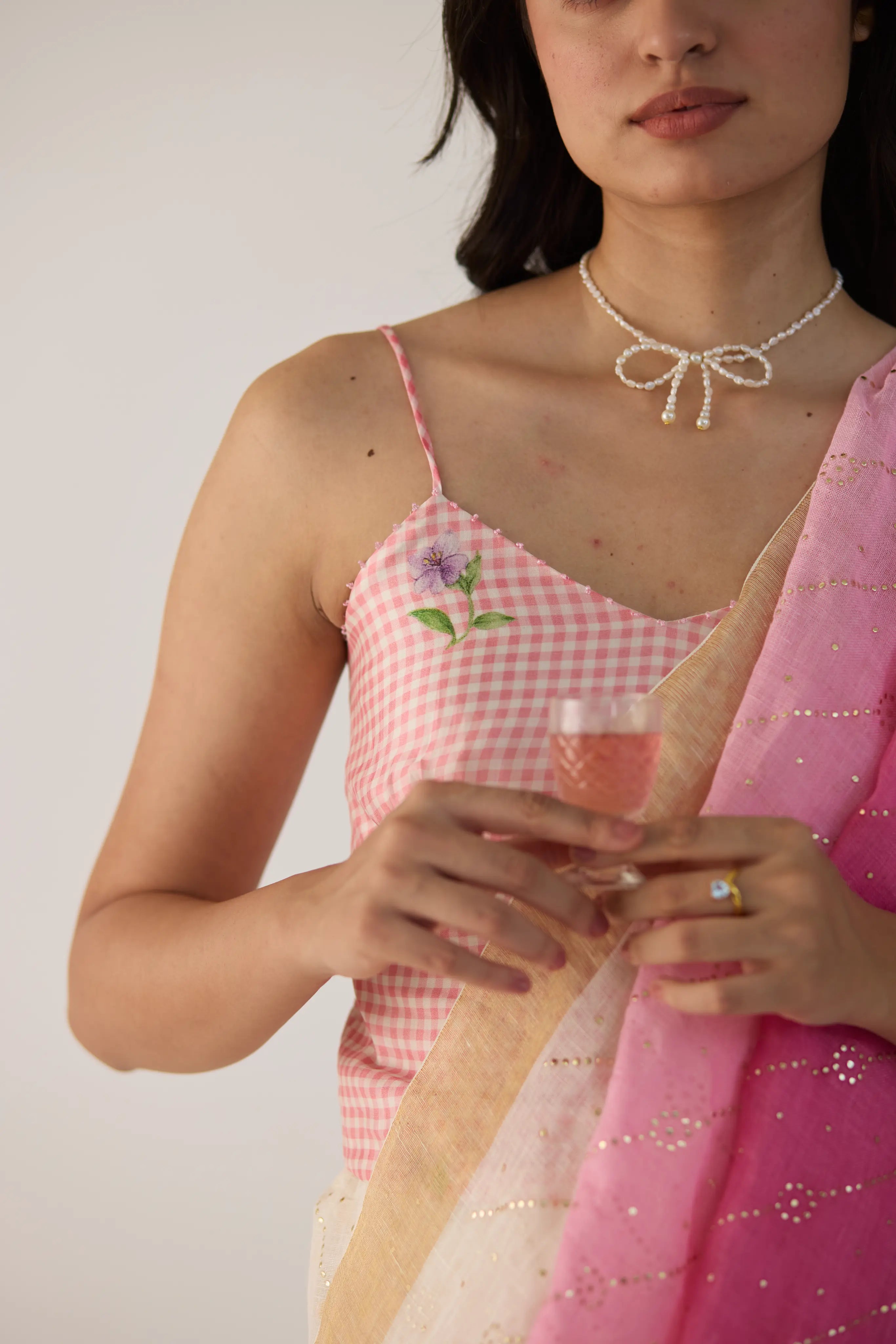 Pink Ombre Linen sari with Gold Dots Print