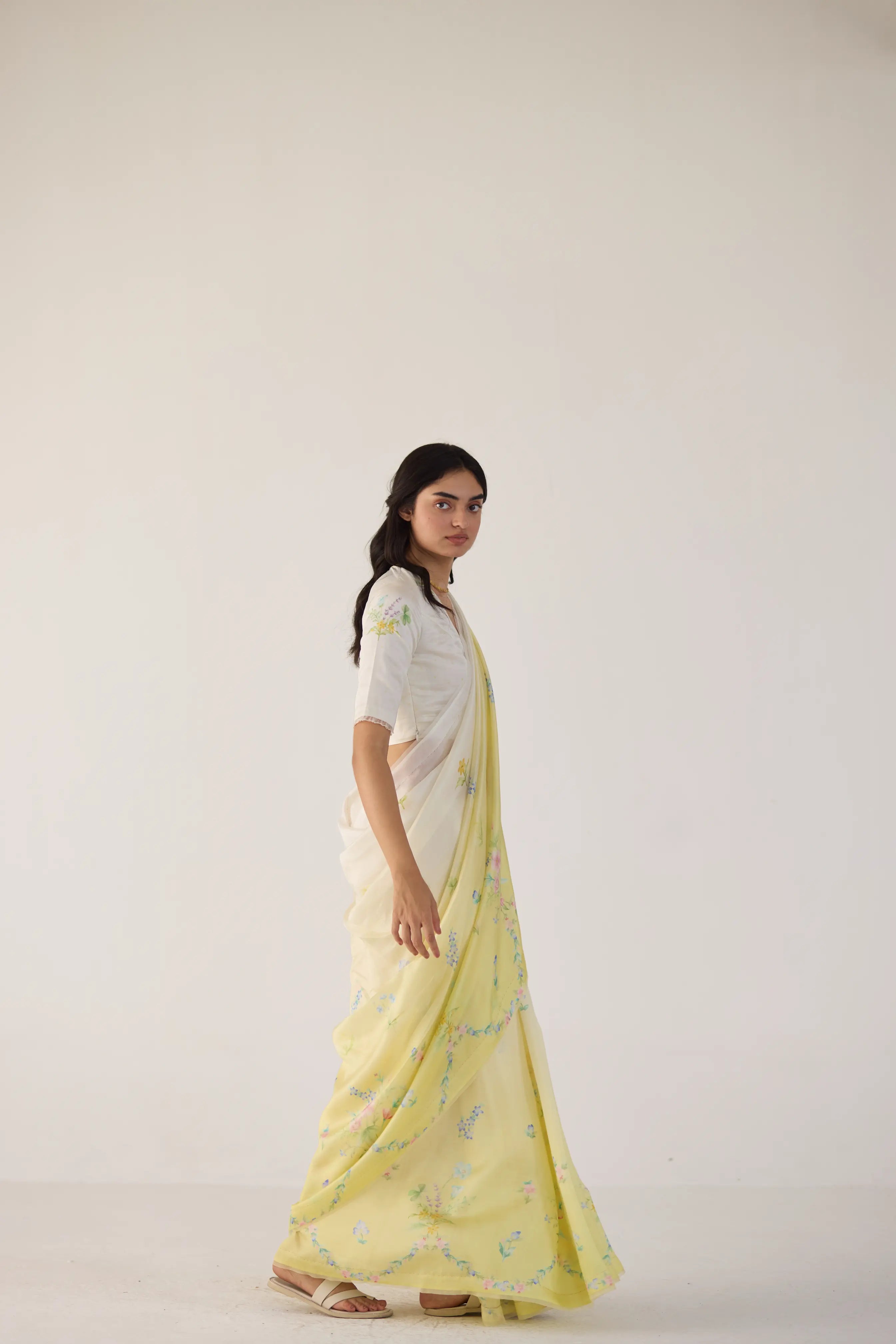 Clover Field Mulberry Organza Silk Sari