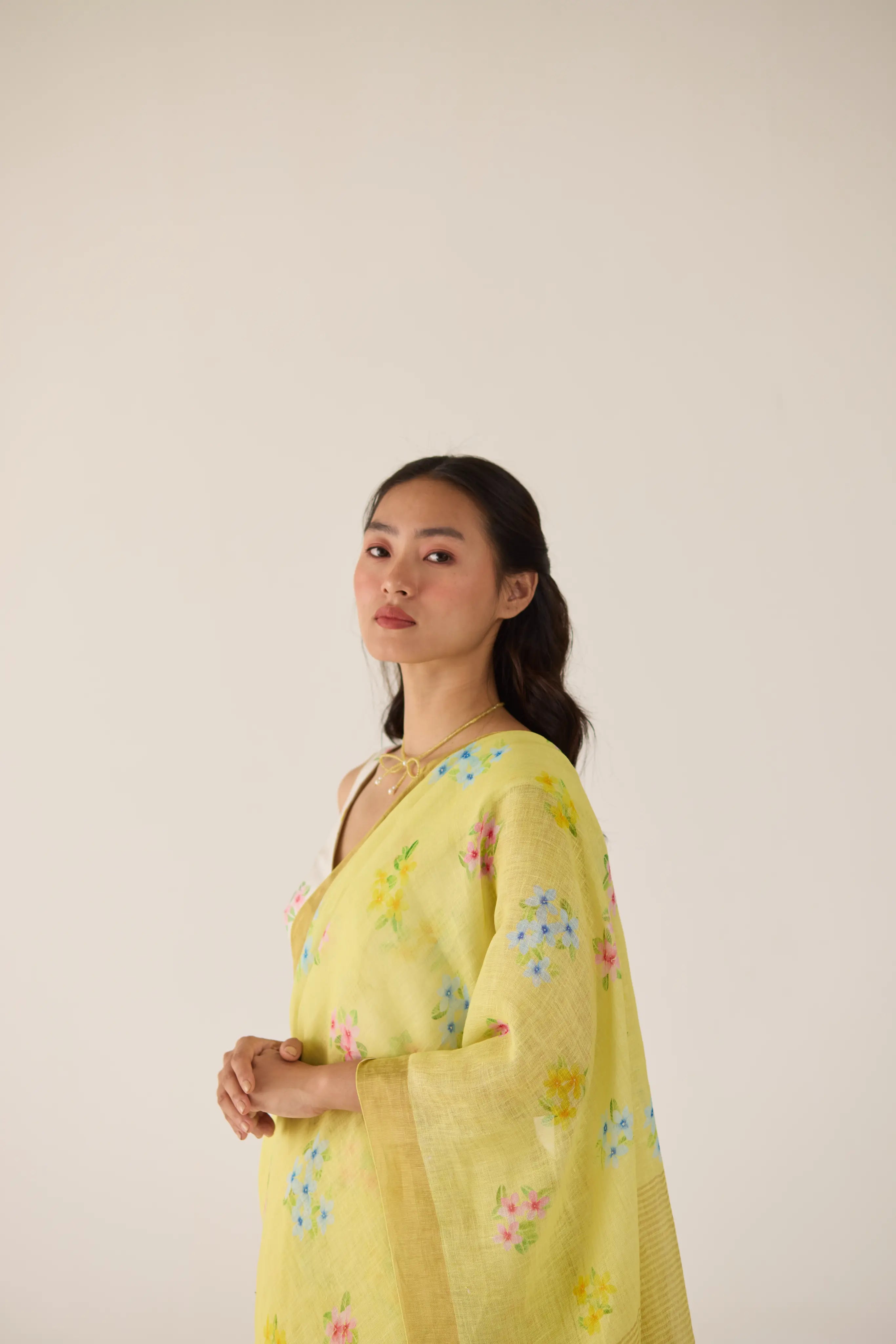 Periwinkle Linen Yellow Sari