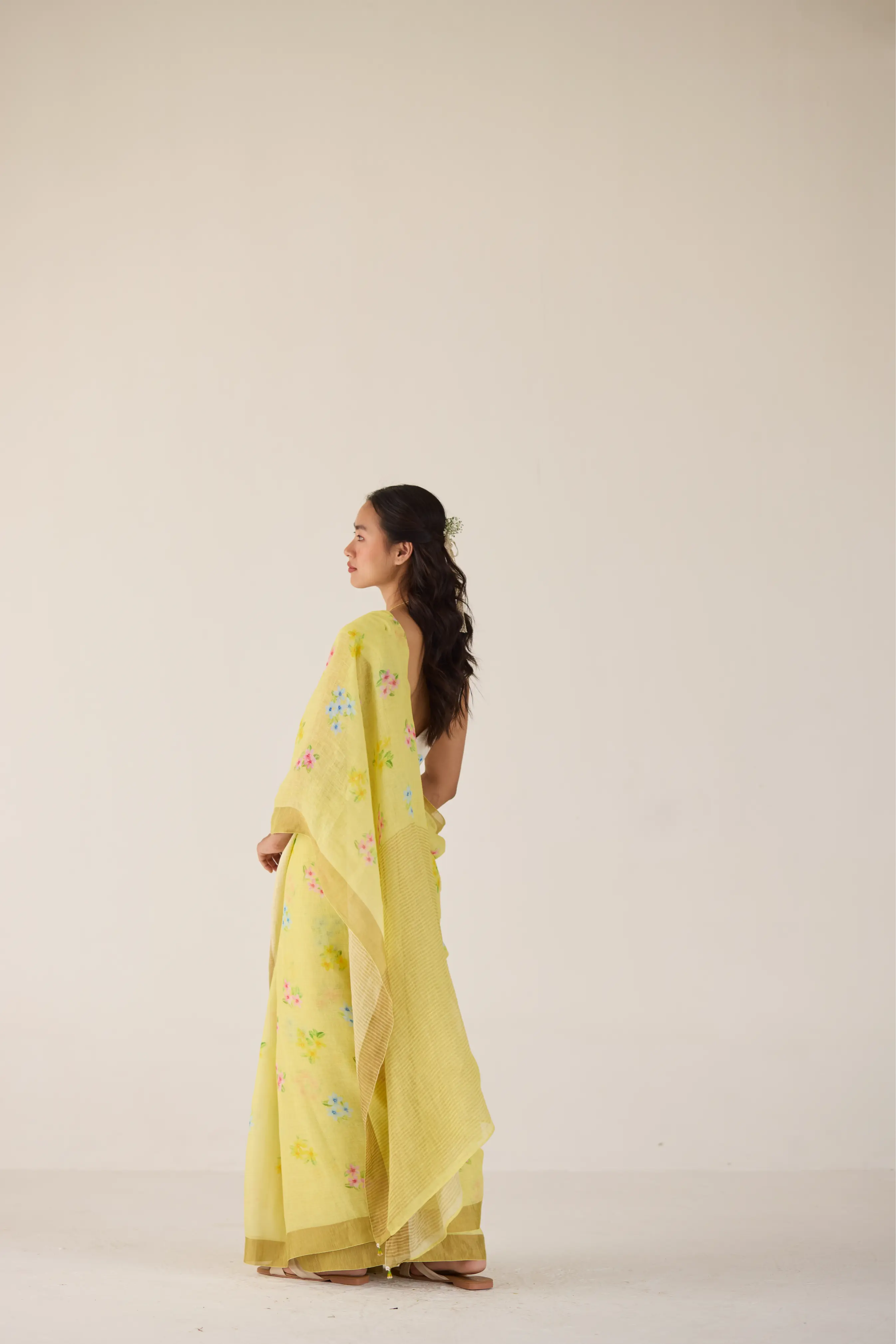 Periwinkle Linen Yellow Sari