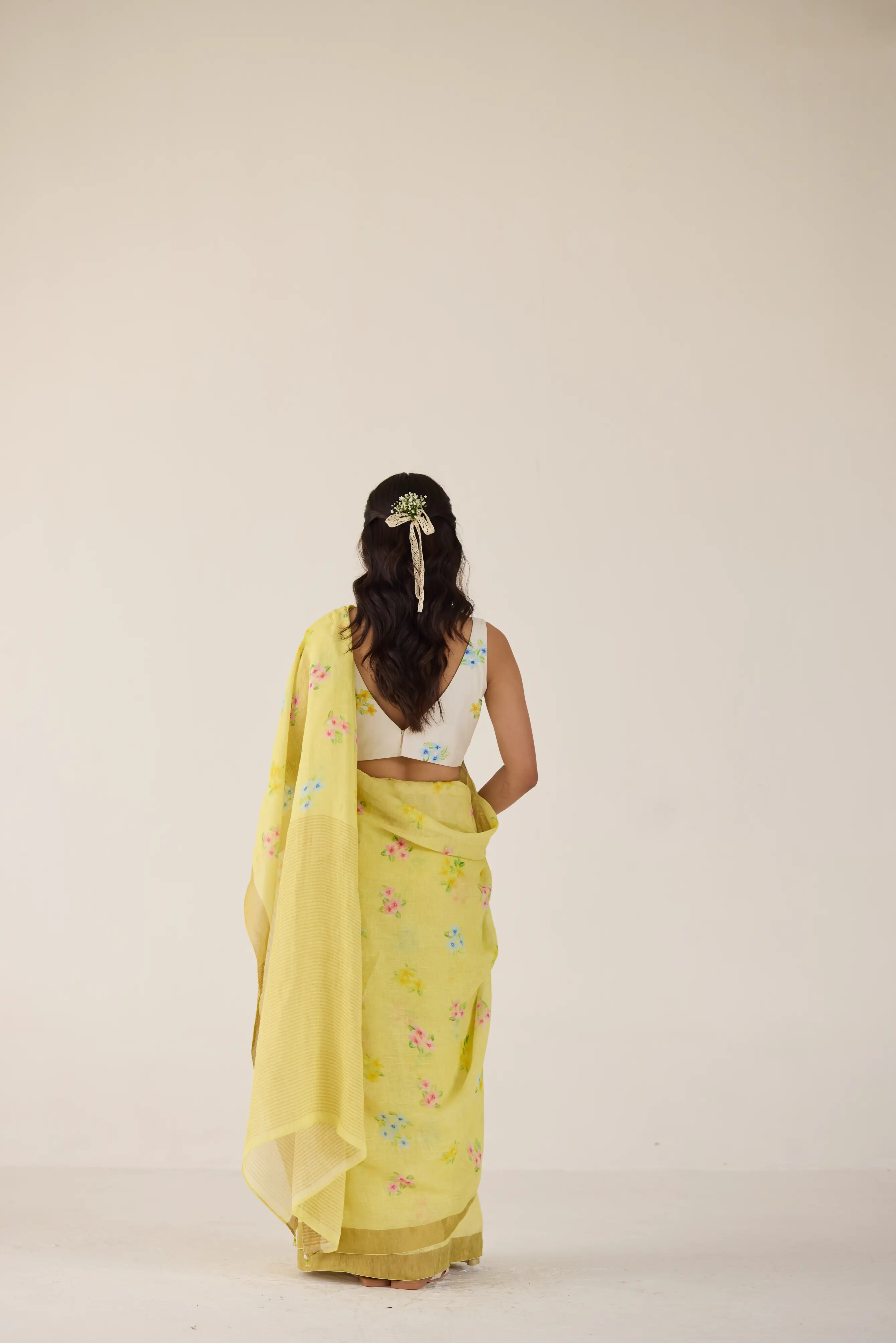 Periwinkle Linen Yellow Sari