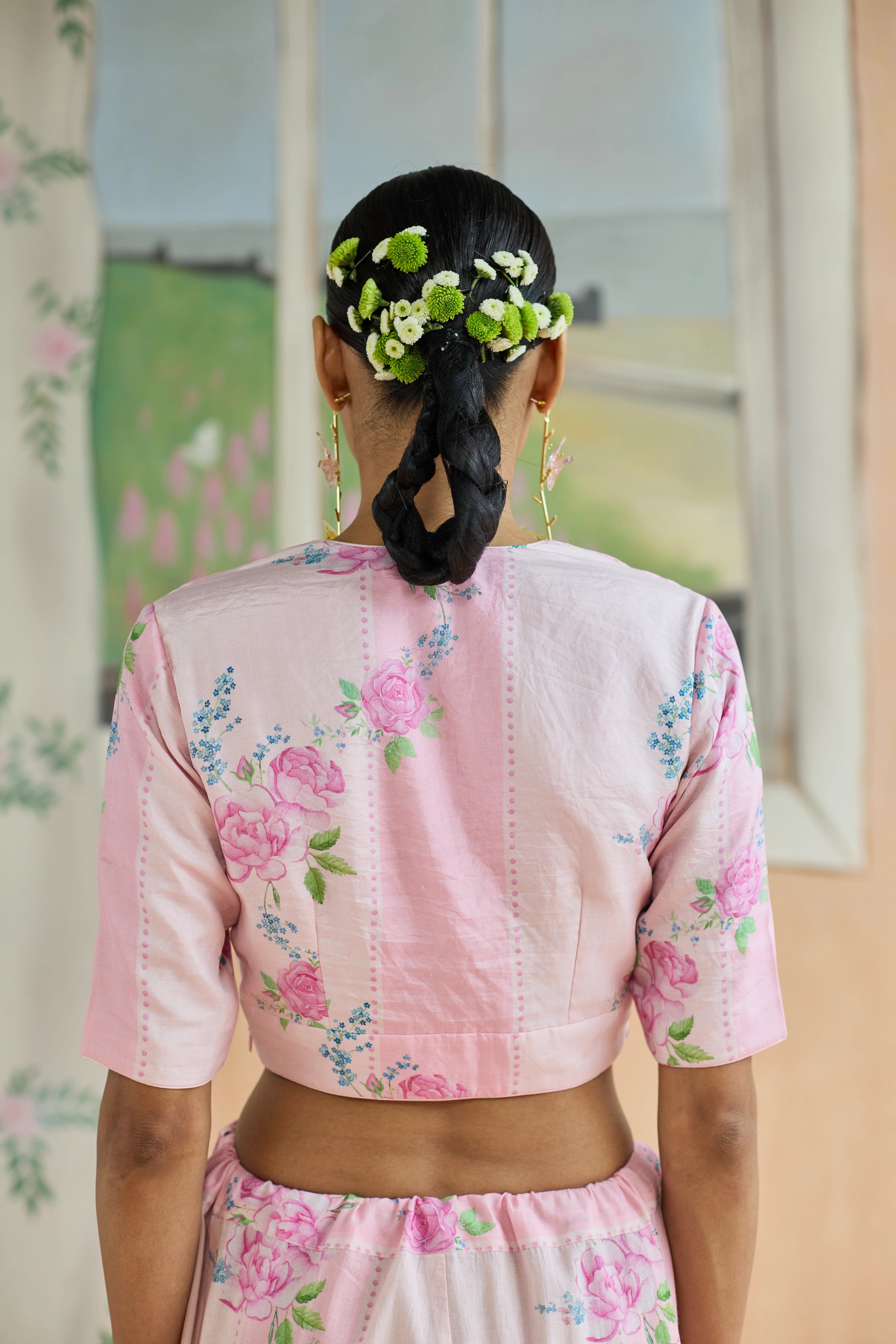 Rose Haze Deep-V Blouse with sleeves