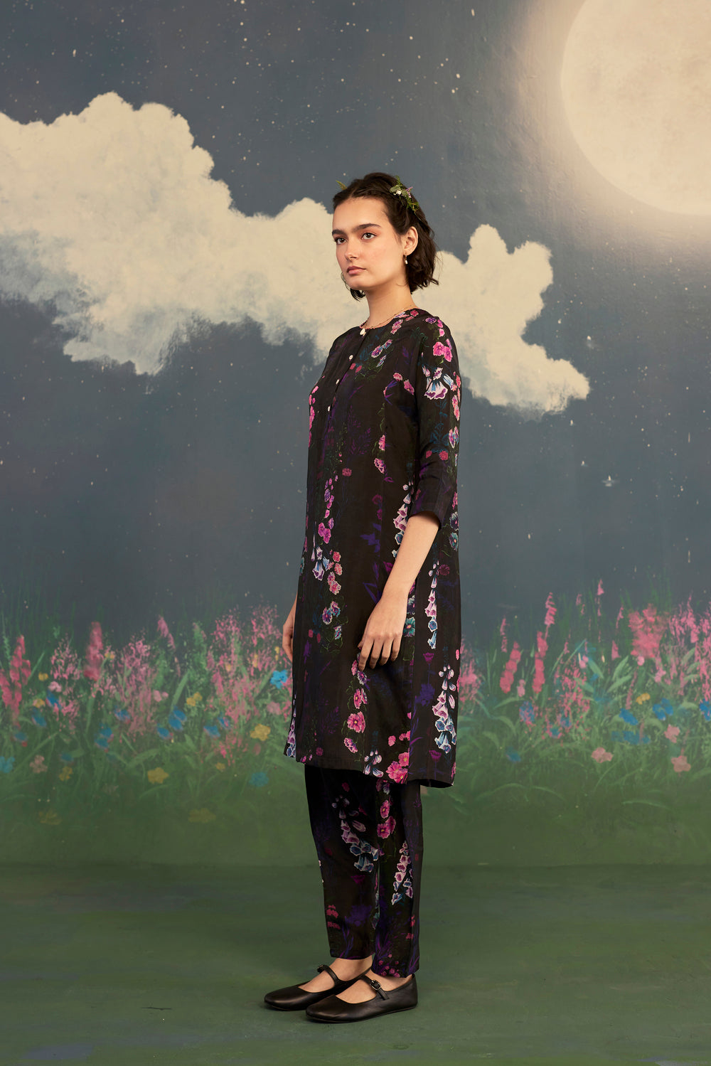 Foxglove Panelled Mid Kurta Set Bamboo Silk